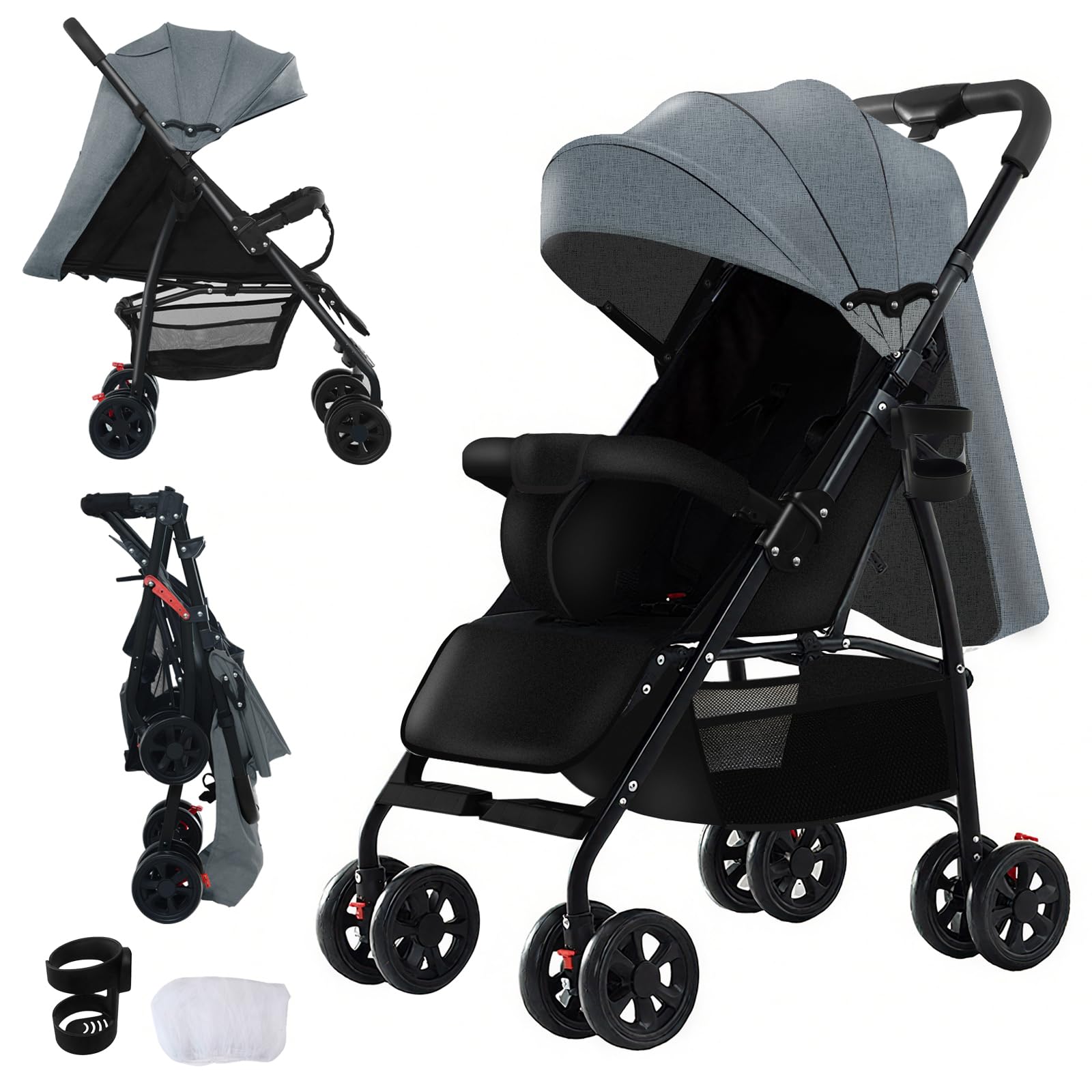 Sianldcone Ultraleggero Passeggino di Soli 4,6 kg, Passeggini Compatto Fino a 15 kg, Passeggino da Viaggio con Posizione Sdraiata Regolabile, Carrozzina per Neonati Portatile Pieghevole (A8 Grey)