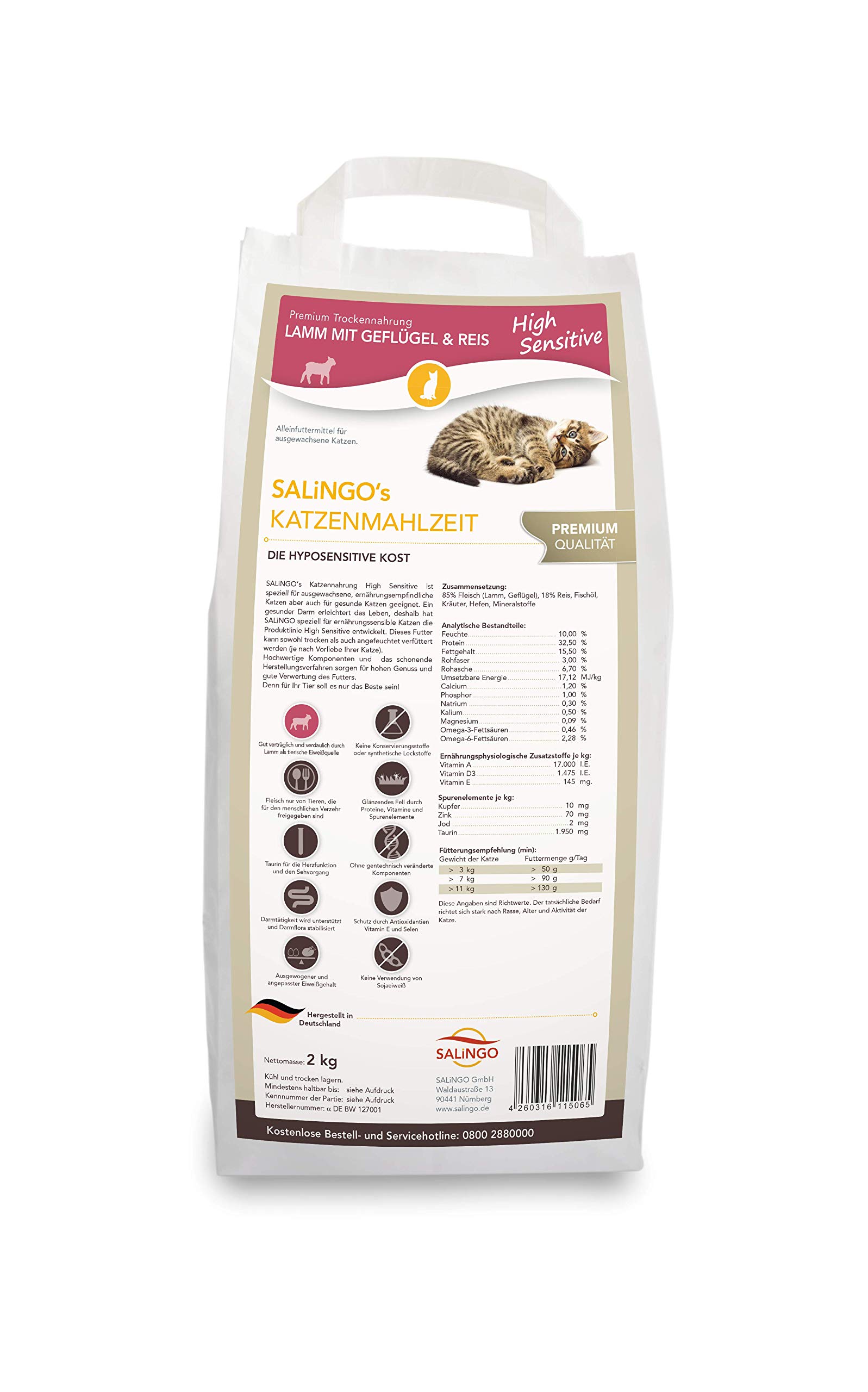 SALiNGO Premium Katzenfutter trocken Sensitive Lamm, Geflügel & Reis für Erwachsene, Sensible Katzen, ohne Zucker und Weizen (2x2kg)