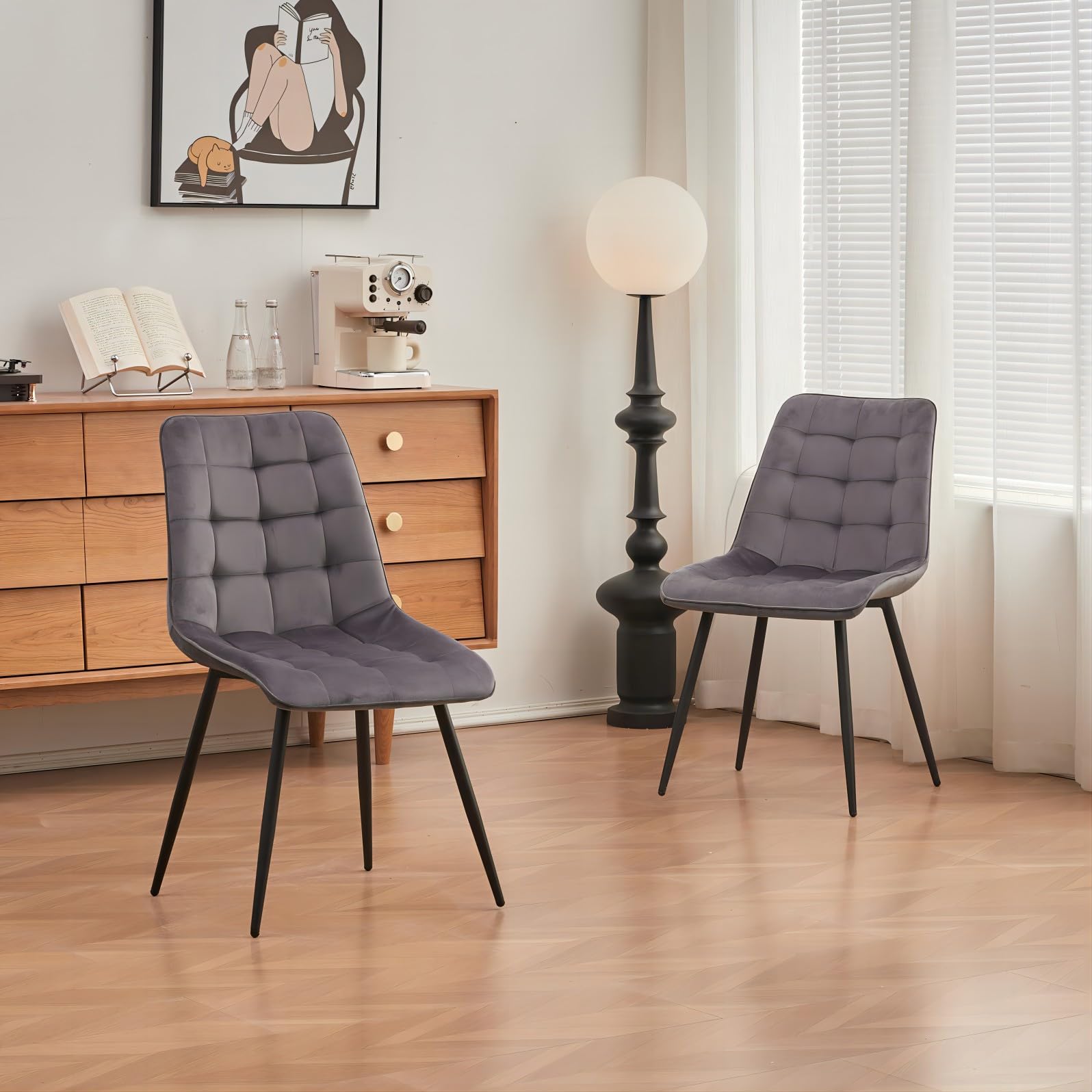 Set di 6 sedie da sala da pranzo HWC-F18, sedia da cucina, design retrò ~ grigio velluto, gambe dorate