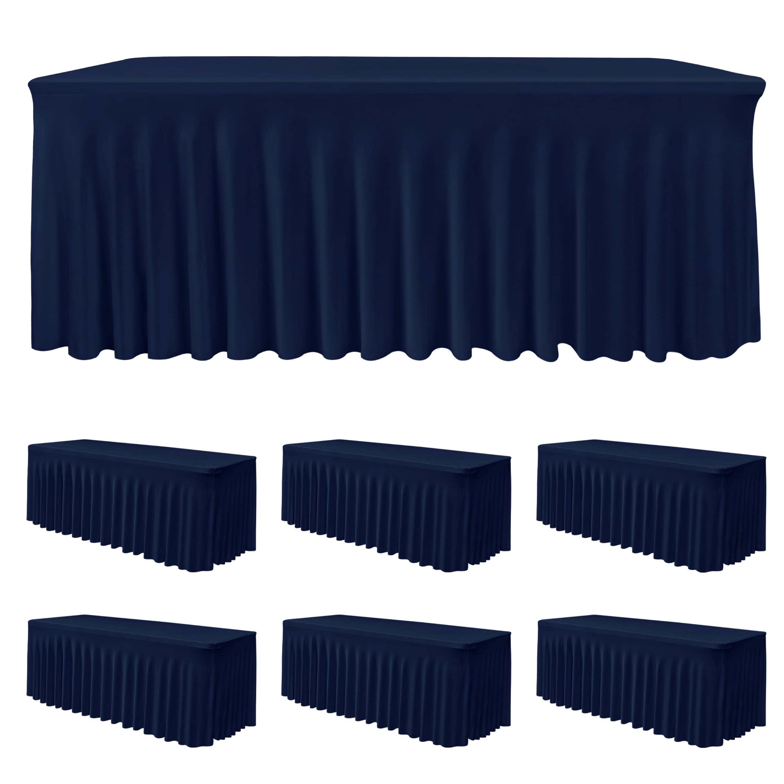 6 Pack Navy Spandex Table Covers 6ft Rectangle Ruffle Skirts for Party