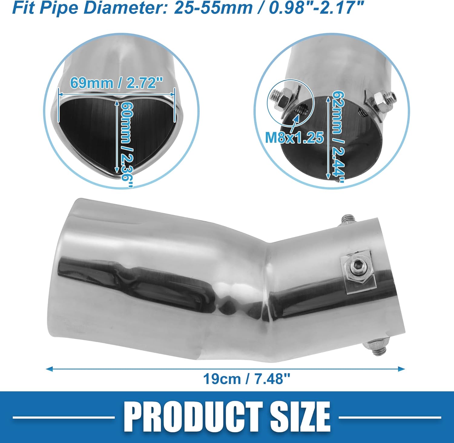 Car Exhaust Tip Pipe Heart Shaped 2.44" Inlet 2.72"x2.36" Outlet Exhaust Tail Pipe for Pipes Diameter 0.98" to 2.17" Stainless Steel Silver Tone