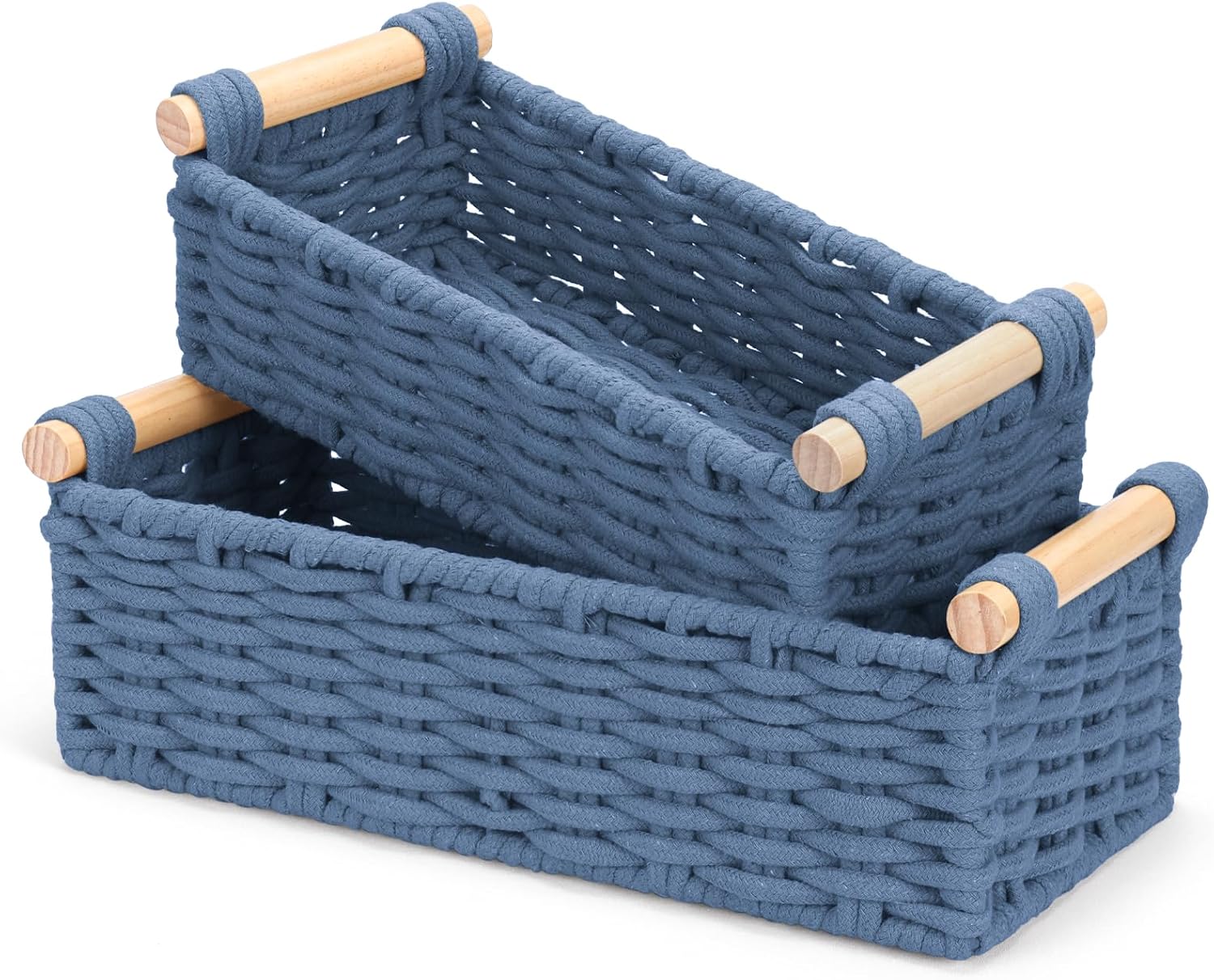 Boho Cotton Rope Storage Baskets Set of 2, Woven Wicker Organizer Bins with Wooden Handles, Small Decorative Boxes for Organizing, Toilet Paper Baskets for Bathroom Countertop, Shelves (BLue 2 Pack)