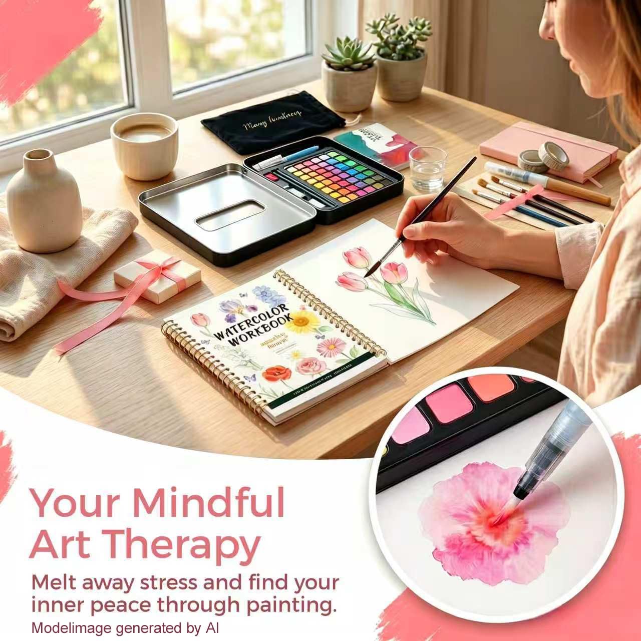 Watercolor Workbook Paint Set, Bird and Floral Painting Books with a Box of 48 Colors and Brushes, Mindful Art Therapy Kit for Adults Stress Relief