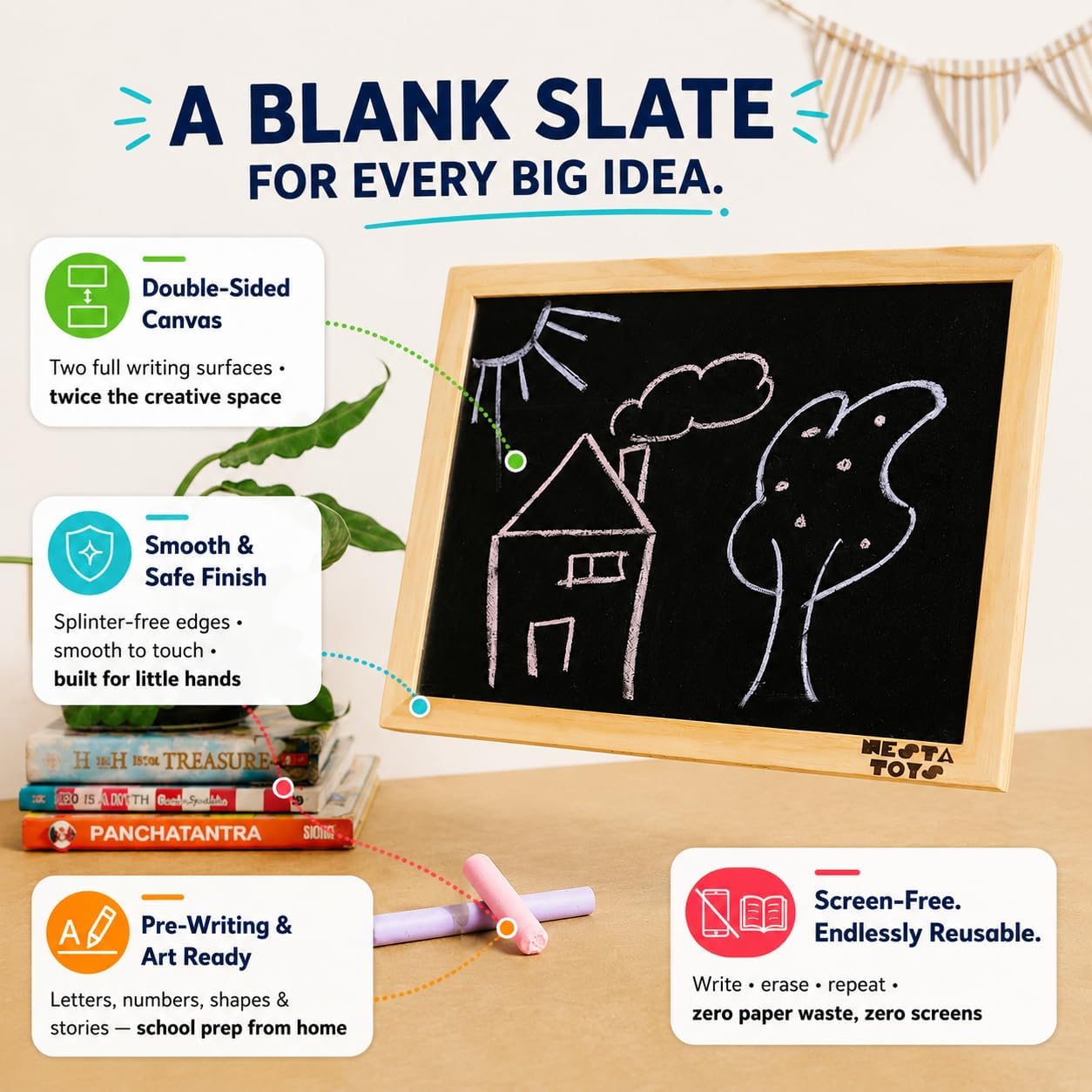 NESTA TOYS Wooden Double Sided Chalkboard Slate for Kids | Write, Draw & Trace Letters - Both Sides Chalk Surface | Builds Pre-Writing Skills & Pencil Grip | Eco-Friendly | Gift for Ages 3-10