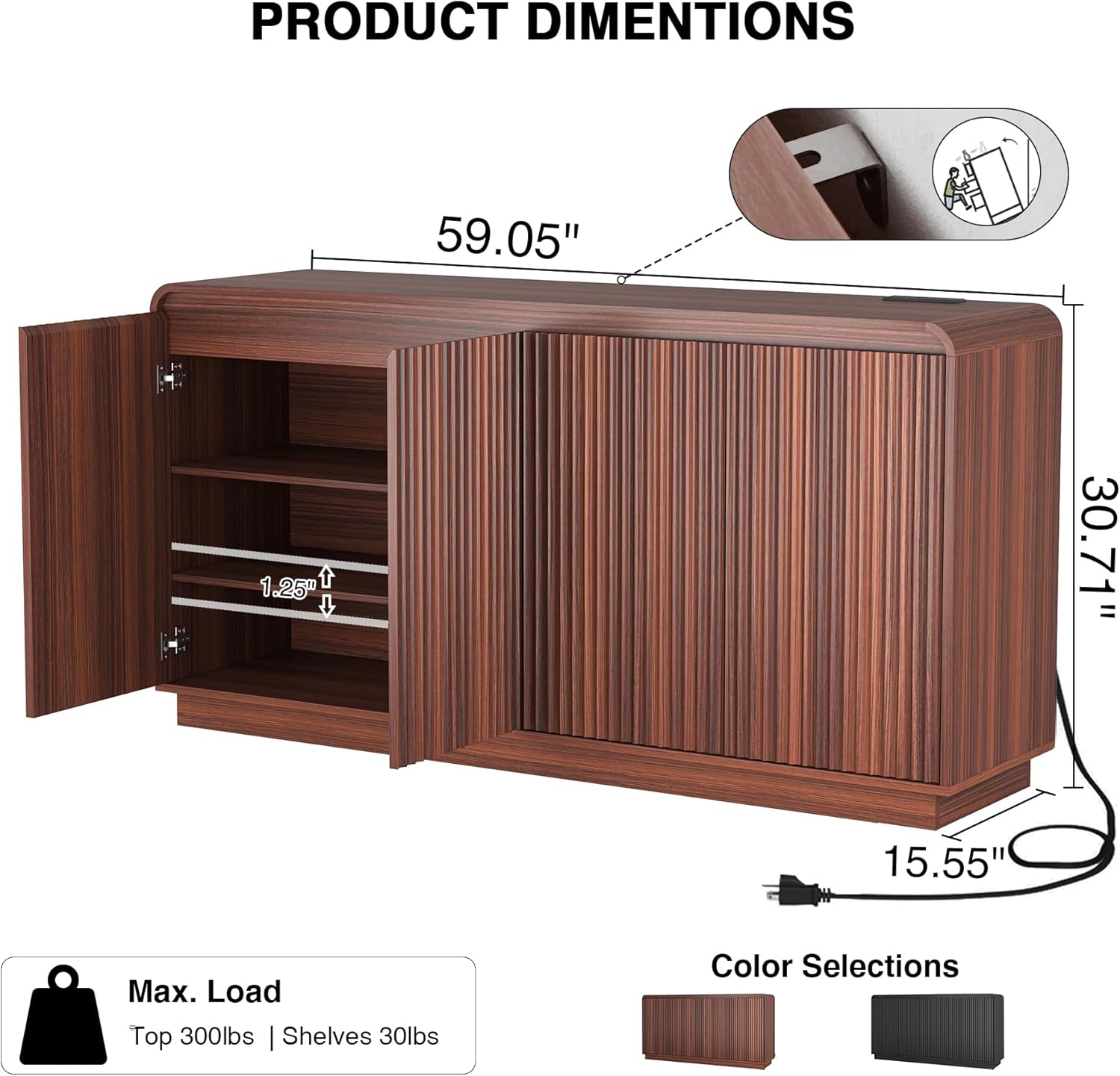 59'' Fluted Sideboard Cabinet with Storage,Modern Wood Credenza with Charging Station, Adjustable Shelves, Media Console Cabinet for Living Room Entryway (Walnut)