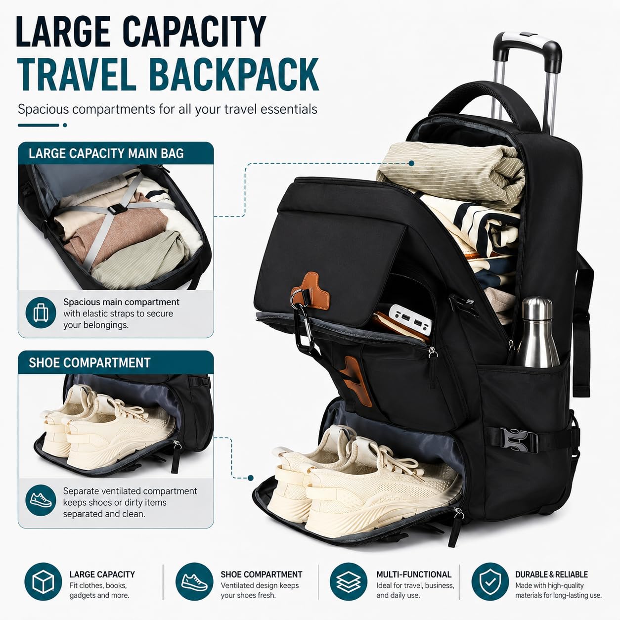 Zaino Trolley Viaggio Grande, Zaino Trolley Viaggio con Ruote per Uomo Donna, Grande Capacità 30L Tessuto Oxford per Outdoor Campeggio Lavoro (Nero)