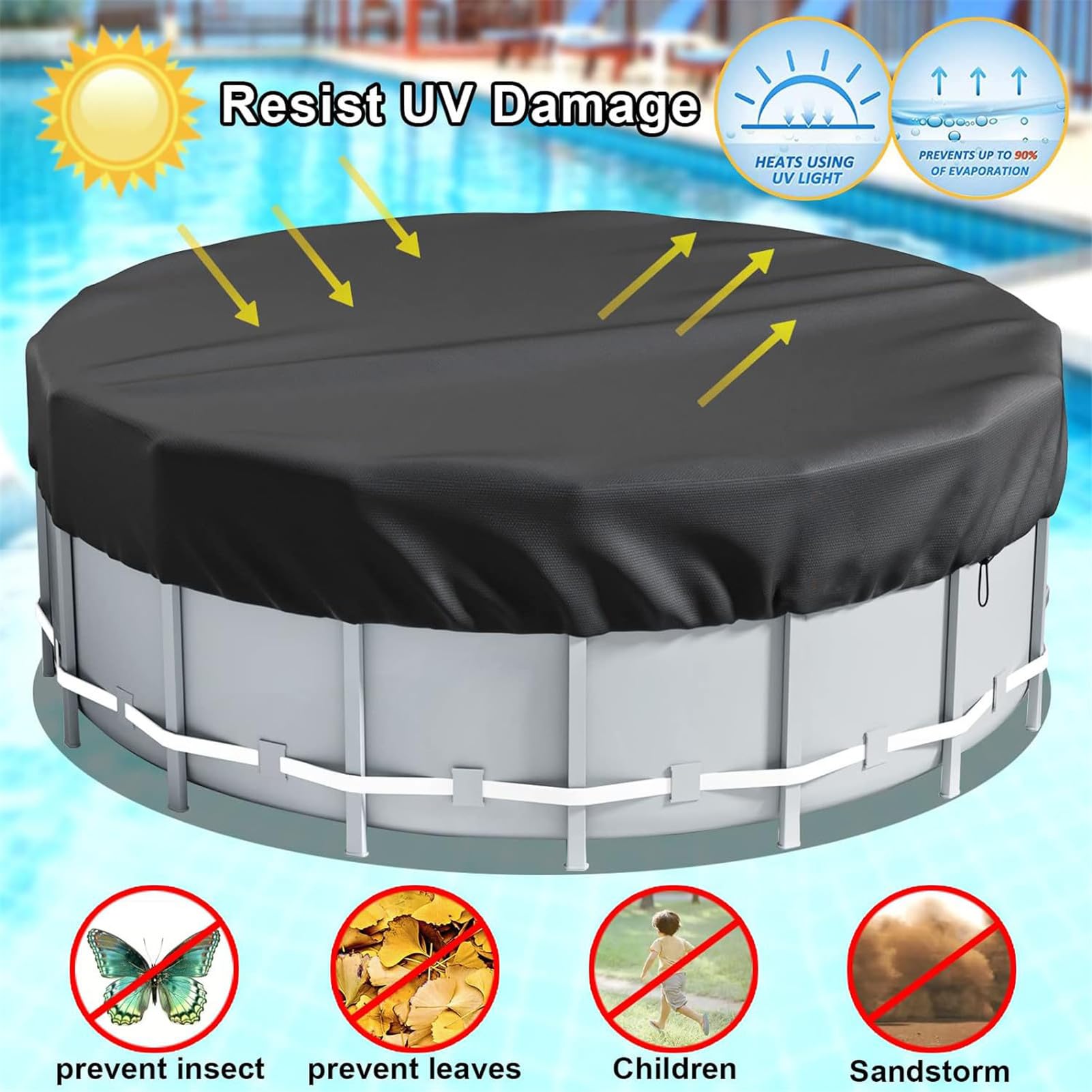 Okrągły pokrowiec na basen, solarny pokrowiec na basen naziemny, solarny pokrowiec na basen, wodoodporny, odporny na promieniowanie UV (czarny, 457 cm)