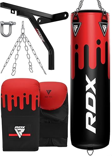 RDX Punching Bag Heavy Boxing Bag 8pc Filled 5ft 4ft Anti Swing Kickboxing Adult Set Maya Hide Leather Punch Gloves Ceiling Hook Hanging Chains MMA