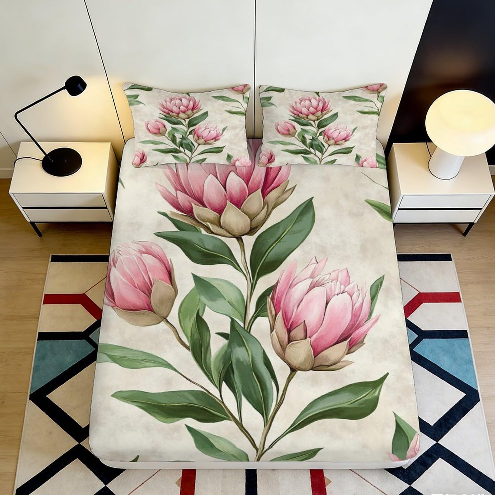 Elegant Botanical Fitted Sheet Pink Flower 3D Printed Soft Touch Microfiber Home Decor Guest Room Bedding 90x200x25cm