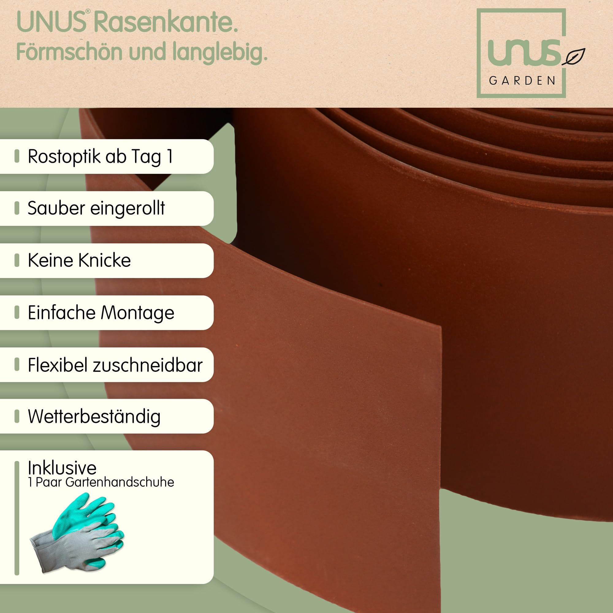 UNUS Bordura metallica da 10 m, bordo da giardino con effetto arrugginito, altezza 14 cm, per delimitare aiuole, sentieri, alberi, giardini di ghiaia, flessibile e accorciabile, resistente alle