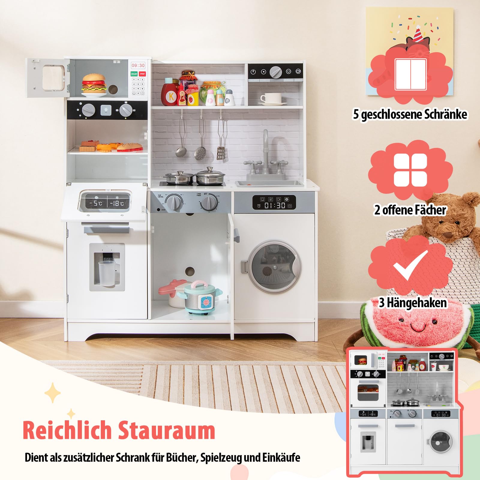 DREAMADE Kinderküche Holz mit Zubehör, Kinder Küche mit Herd Spüle Backofen Waschmaschine, Kinderspielküche Holzküche mit Licht & Sound, Spielküche für Kinder ab 3 Jahren