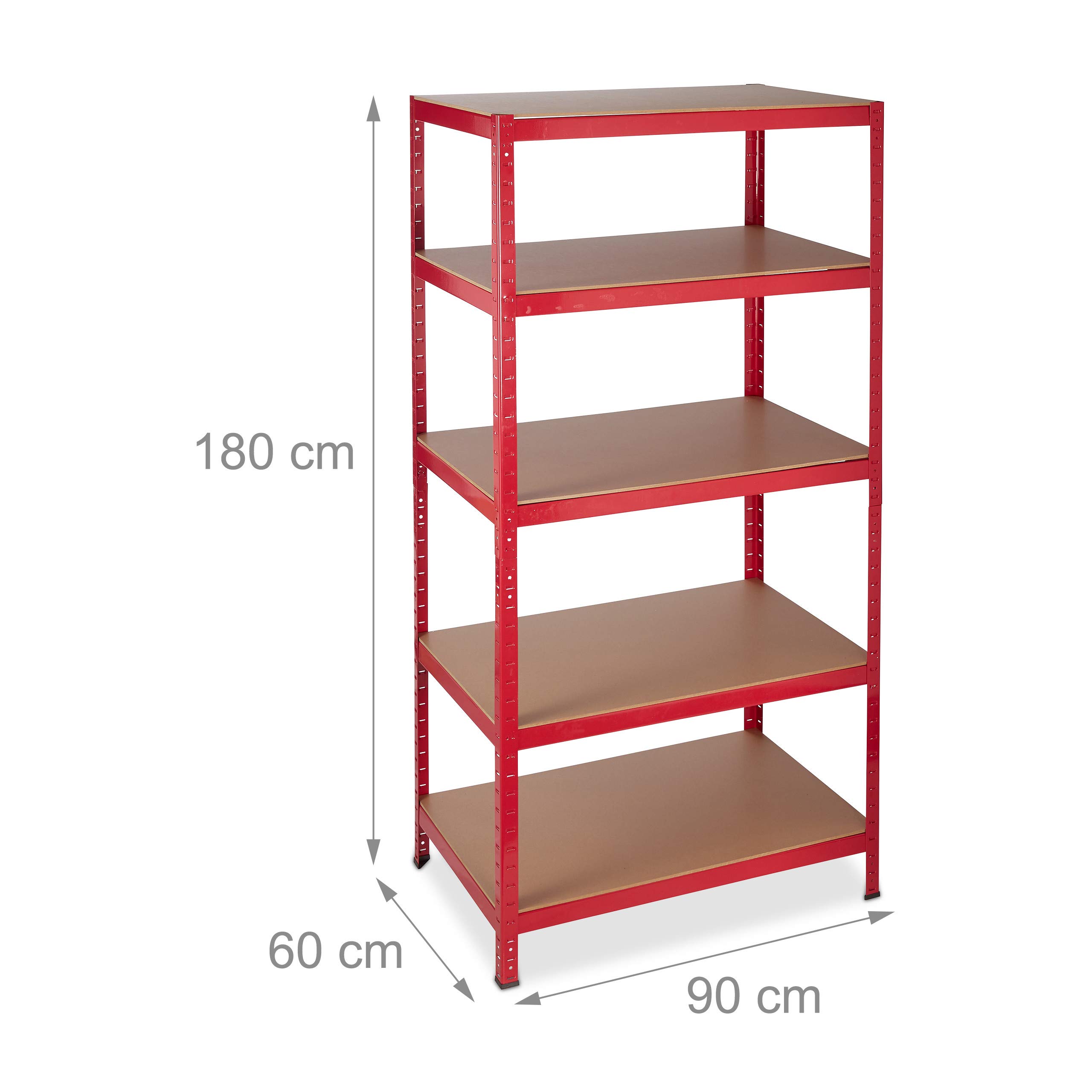 Relaxdays Étagère charge lourde, Meuble rangement à clip, Cave charge 1325 kg, garage, 180x90x60 cm, métal, MDF, rouge