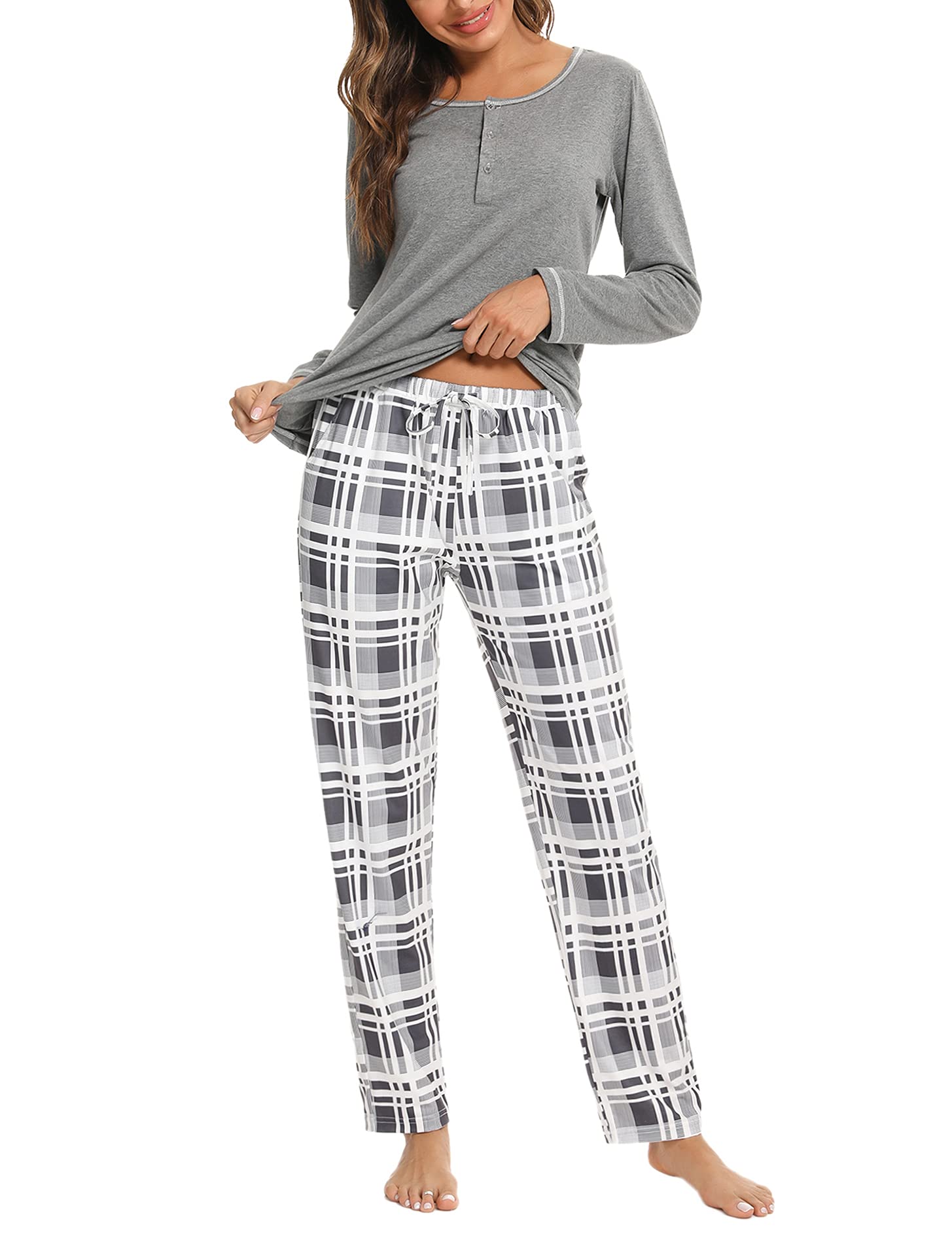 Litherday Pigiama Donna Invernale Cotone Pigiami da Donna Lungo Pigiami Due Pezzi da Donna Pigiama a Manica Lunga Pantaloni Lunghi con Tasche Morbido e Confortevole S-XXL