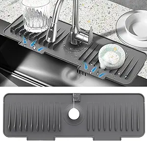 17.7"×5.5" Sink Splash Guard,Silicone Faucet Mat for Kitchen Bathroom Sink,Draining Mat Faucet Handle Drip Catcher Tray, Sink Organizer Holder for Sponge Dish Soap