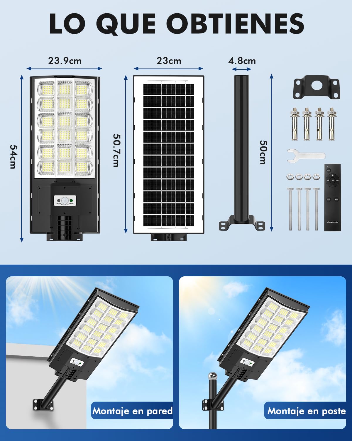 Farolas Solares Exterior, 600W Foco Led con Sensor de Movimiento, Farola Solar Potente con Mando, Gran Angular 240°,6500K Impermeable IP65 Luz de Seguridad para Jardín,Patio Garage,Camino,2pc