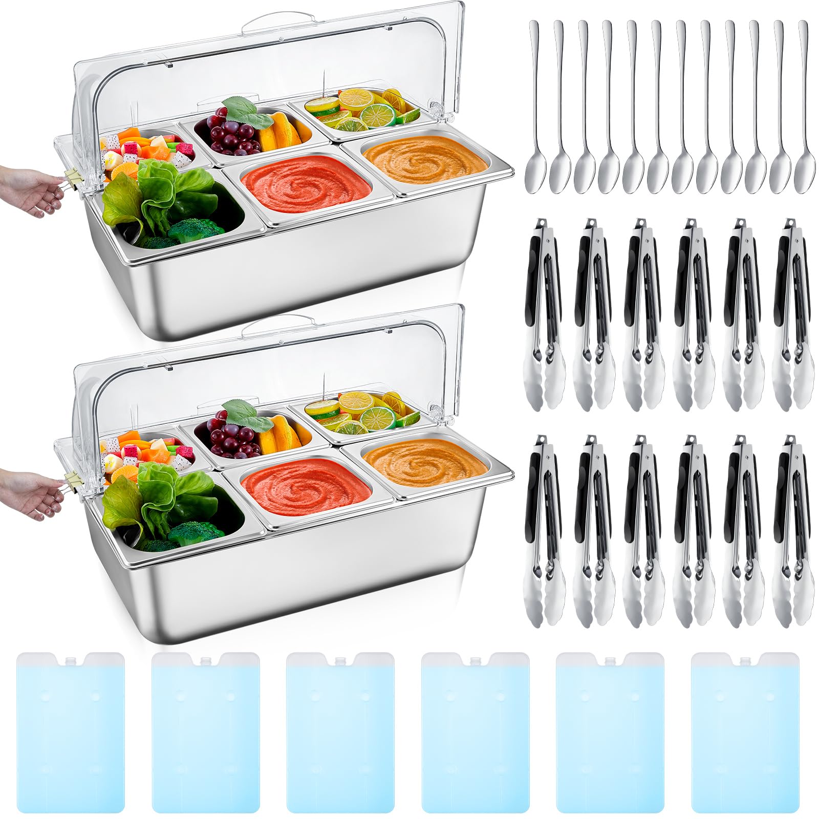 Tessco 32 recipientes refrigerados por hielo para servir condimentos de acero inoxidable con tapa, con 6 abrazaderas, 6 cucharas y 3 cajas de hielo para buffet, picnic, restaurante (6 compartimentos)
