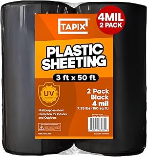 Black Plastic Sheeting Roll 3'x50' (2 Pack) – 4 Mil UV Protected, Weed Barrier & Landscape Plastic for Gardening, Root Blocker & Moisture Barrier, Protective Covering for Painting & Equipment
