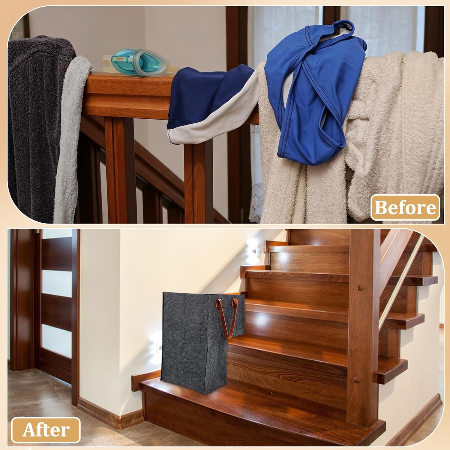 3Pcs Foldable Stair Basket, Felt Stair Step Storage Bag with Leather Handle Staircase Organizer for Books Clothes Computers Magazines Small Gadgets, Dark Gray
