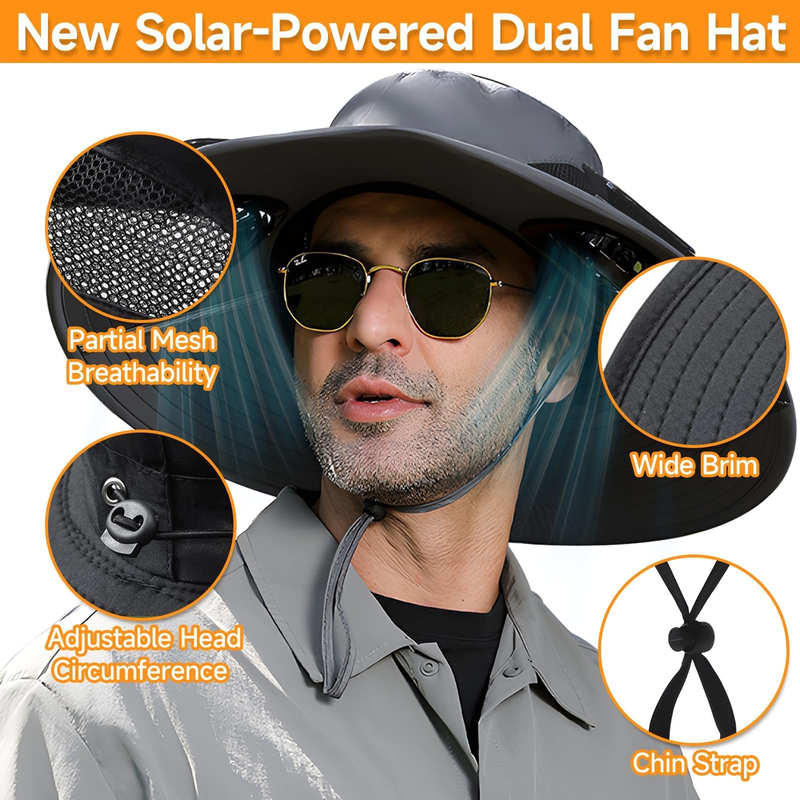 Chapeau de ventilateur à énergie solaire, chapeau de soleil d'extérieur 2025 à large bord avec 2 ventilateurs à énergie solaire pour adultes – Chapeau de pêche d'été avec protection UV