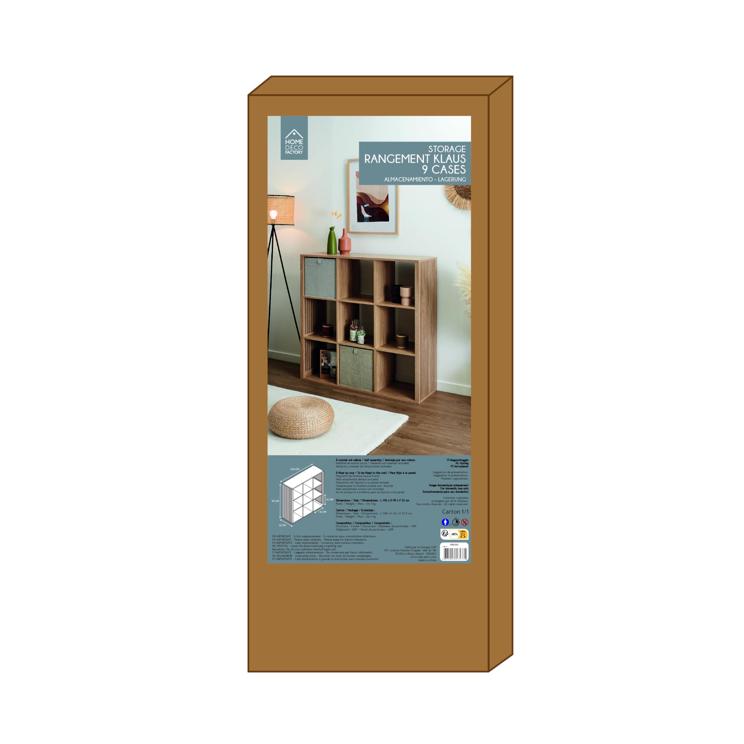 HOME DECO FACTORY Rangement Modulable 9 Cases Klaus en Bois MDF Marron | Contreplaqué, rangement modulable, 9 cases, collection Klaus, salon chambre entrée, grande capacité, empilable, marron