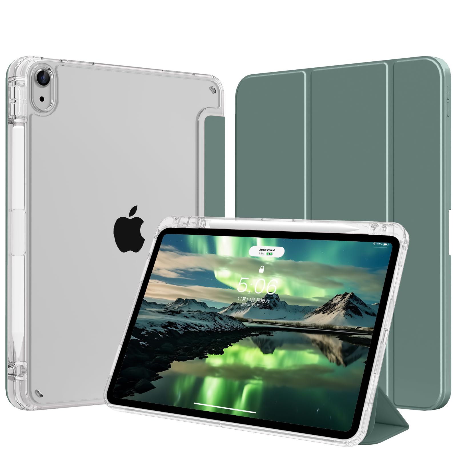 SZPSGC Hülle für iPad (A16) 11. Generation 11 Zoll 2025, iPad 10. Generation 10,9 Zoll 2022 mit Stifthalter, Schlank Leicht Trifold Schutzhülle mit Hart PC Transluzenter Rückseite, Dunkelgrün