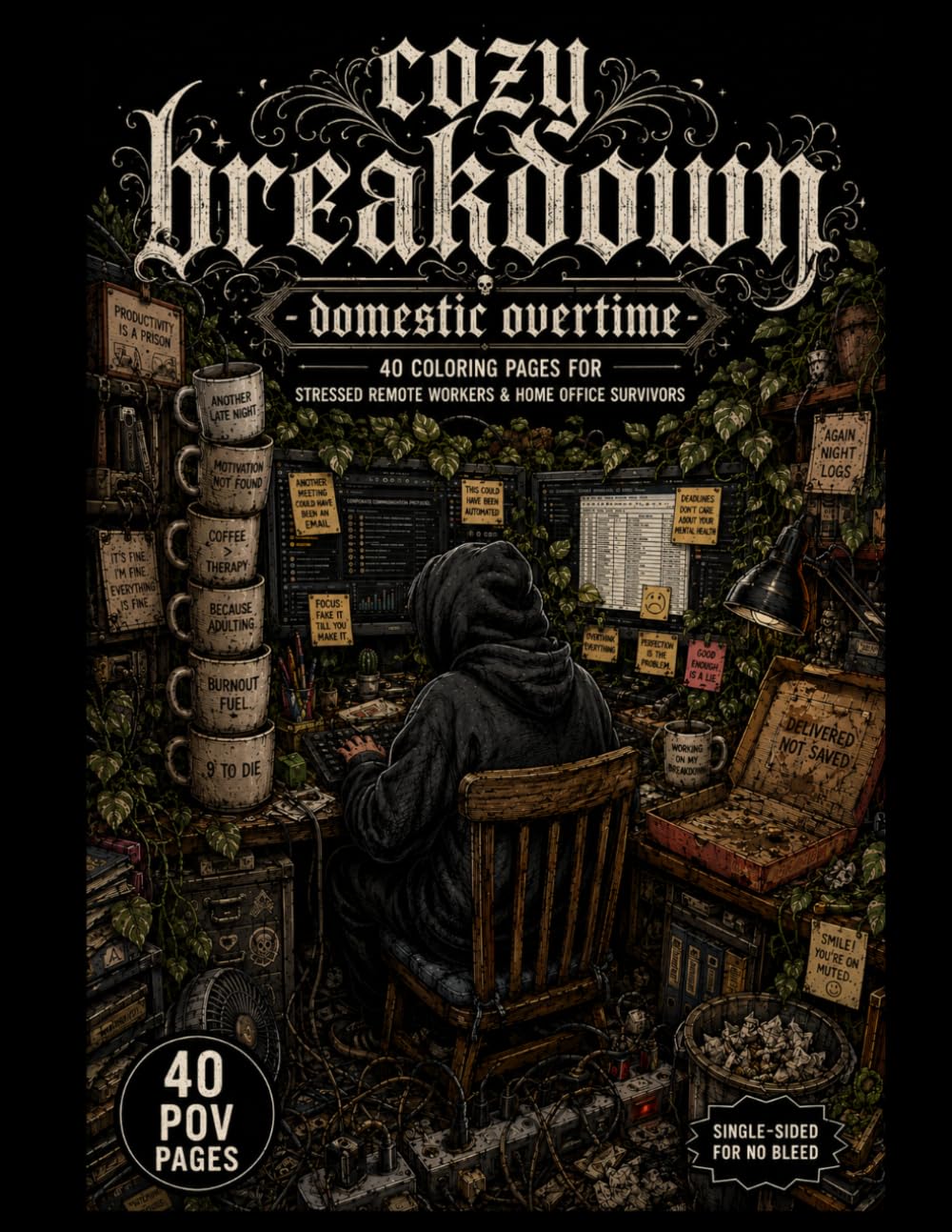 Cozy Breakdown: Domestic Overtime: Coloring Pages for Stressed Remote Workers, Overworked Freelancers, and Home Office Survivors (Midnight Edition: Cozy & Dark Adult Coloring Books)