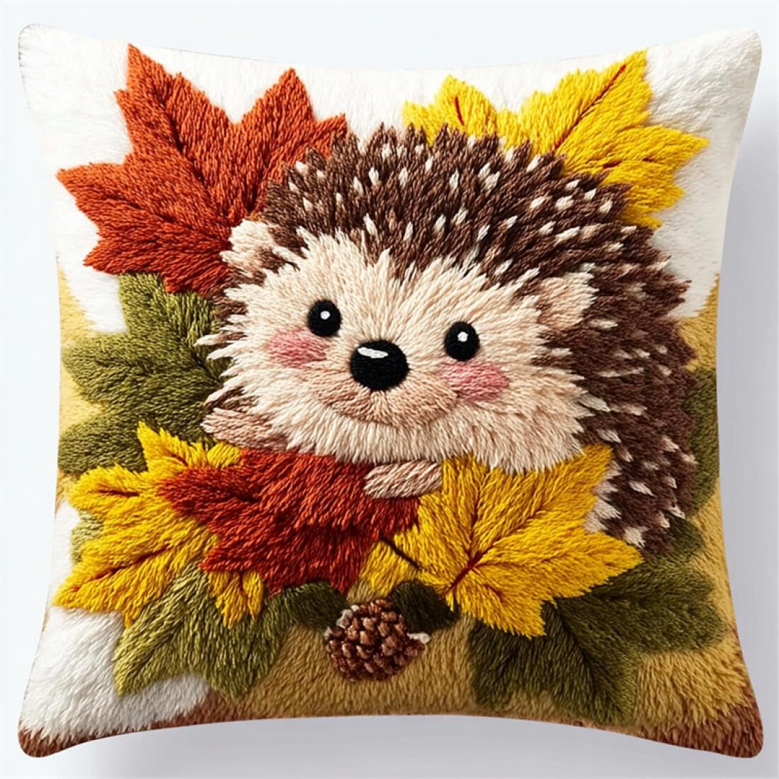 Kitquiver Animal Latch Hook Pillow Kit Hedgehog and Leaves DIY Latch Hook Kits Pillowcase Embroidery,Knitting,Gift for Adults/Beginners 17x17In