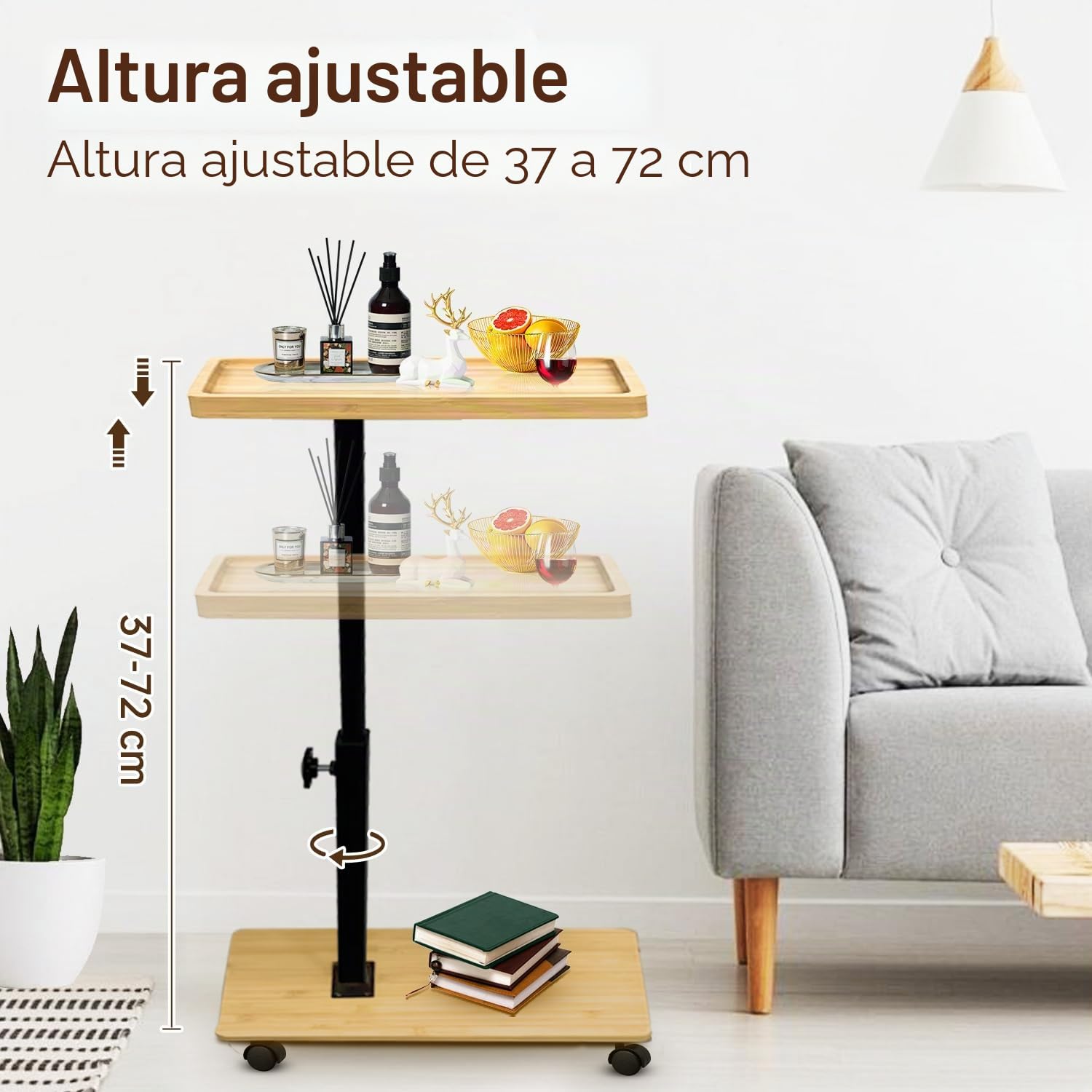 Mesa Auxiliar Forma C Bambú Metal Moderna Altura Ajustable con Ruedas, Side Table, Mesa Auxiliar de Cama, Mesa de Sofá, Mesilla de Noche, Mesa de Cuidado, para Salón Dormitorio Baño