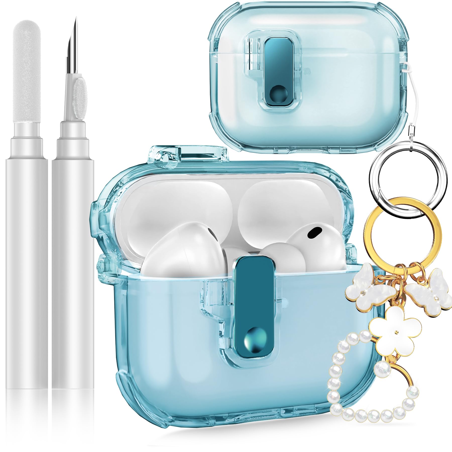 Fotbor for AirPods Pro 3 2025 Case with Secure Lock, Soft Clear TPU Cover with Earbuds Cleaner &amp; Cute Girly Keychain, Anti-Scratch [Airbag] Military Grade Drop Protection - Blue