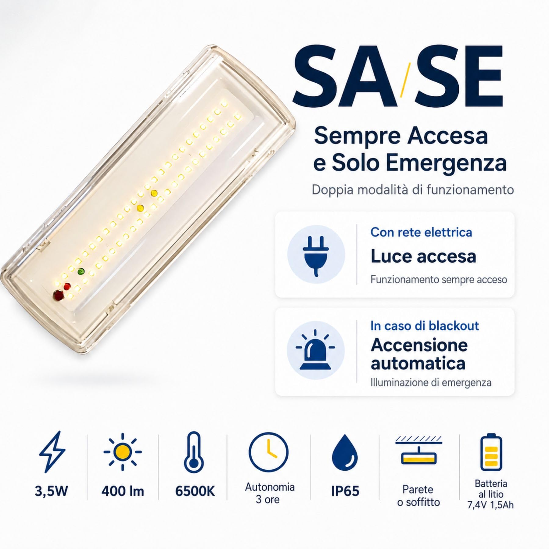 2 PCS Lampada di Emergenza LED, 3,5W 400lm 6500K, SA/SE Sempre Accesa e Solo Emergenza, Autonomia 3 Ore, IP65, Montaggio Parete o Soffitto, Batteria Ricaricabile al Litio 7,4V 1,5Ah, 270x100x54mm