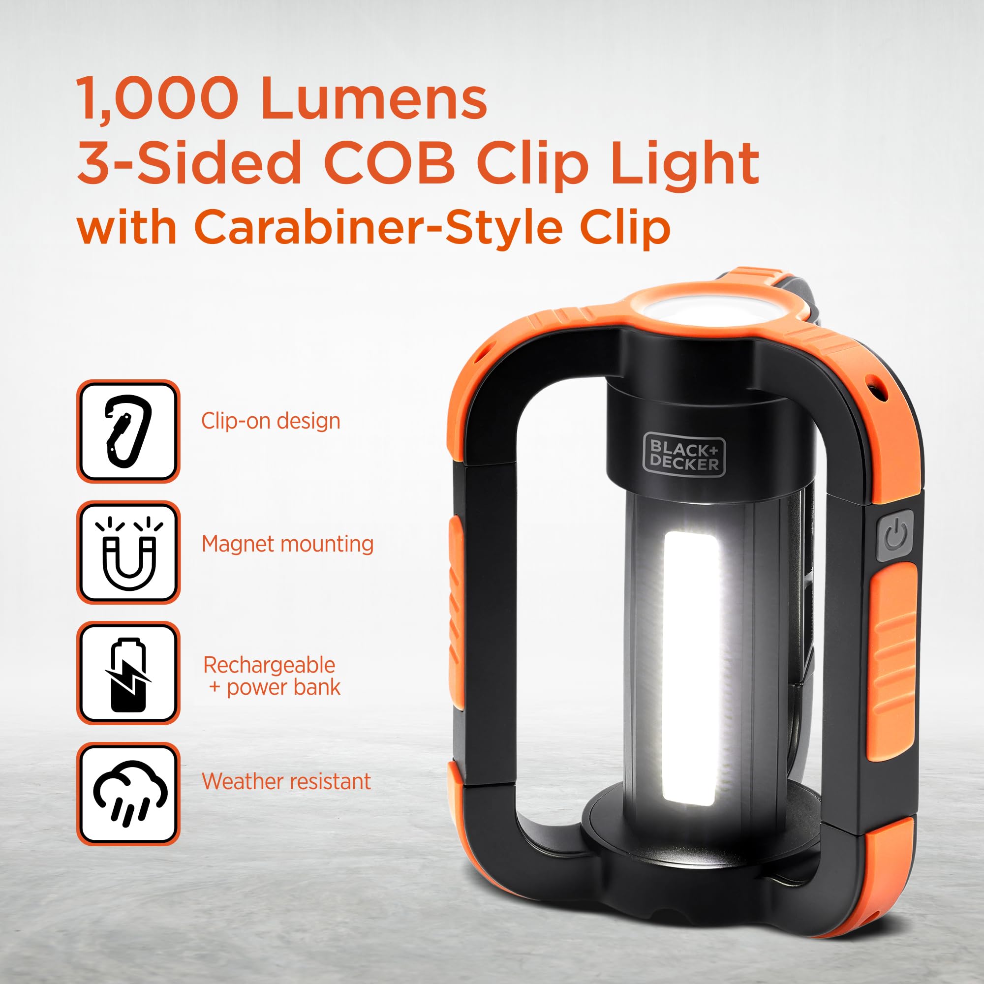 BLACK+DECKER Linterna LED recargable y linterna de 360°, luz impermeable IP65 de 1000 lúmenes, 8 modos, modo SOS de emergencia, banco de energía USB-A, luz de 18 horas, clip de mosquetón, magnético