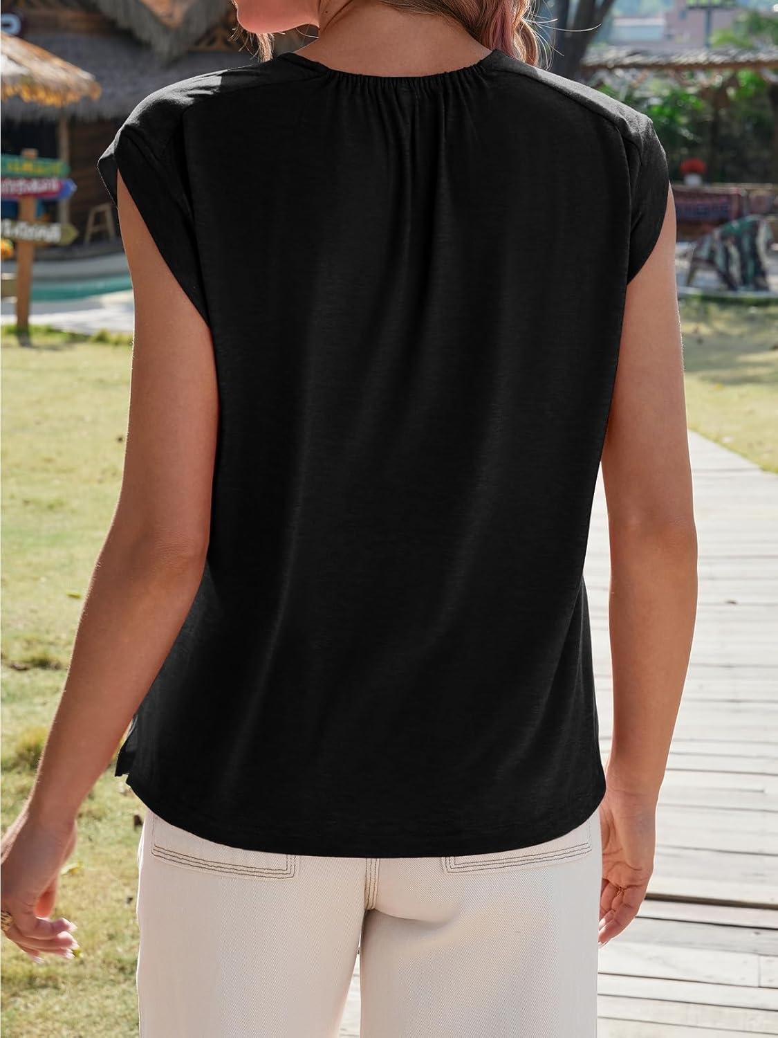 Tankaneo Womens Cap Sleeve Tank Tops Summer Pleated Elastic Crew Neck T Shirts Casual Loose Fit Basic Tees - Image 2