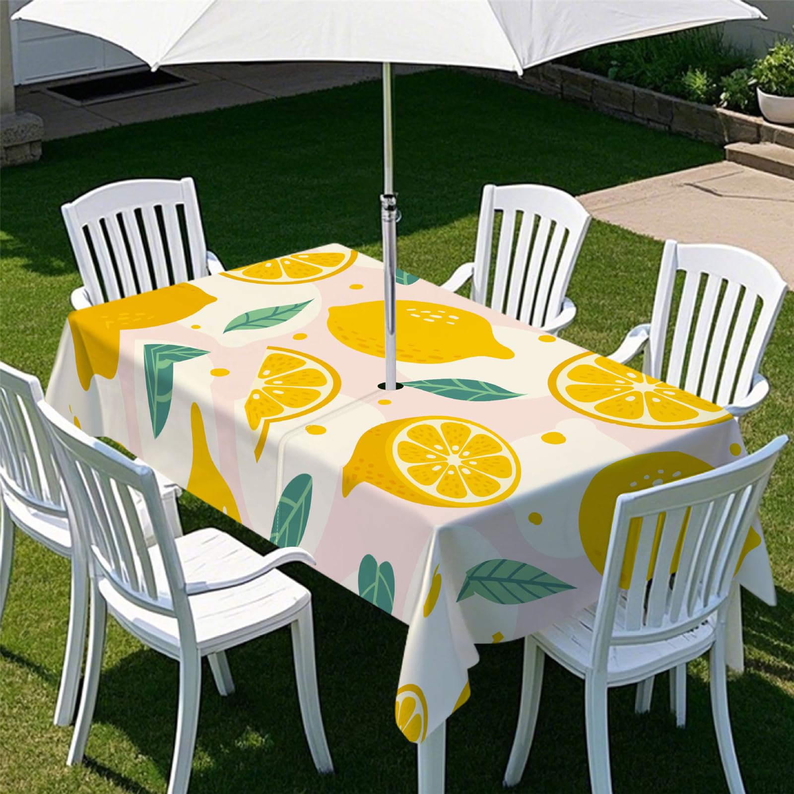 Odot Tablecloths Rectangular Wipe Clean with Umbrella Parasol Hole and Zipper, Table Cover Waterproof Garden Outdoor Table Cloth for Garden, BBQ, Party, 3D Orange Lemon (Pink,259x152cm)