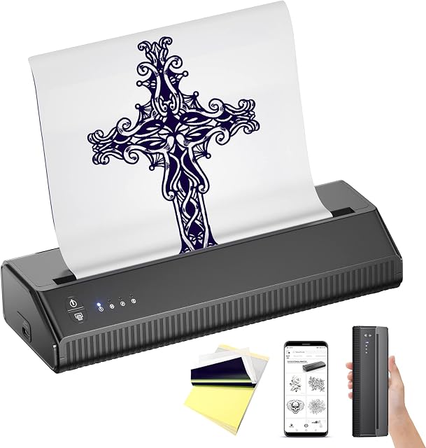 LIUMATE Wireless Tattoo Stencil Printer Bluetooth Tattoo Stencil Machine Thermal Printer Copier Mobile Portable Tattoo Printer with 10pcs Tattoo Transfer Paper, Compatible with Android iOS and PC