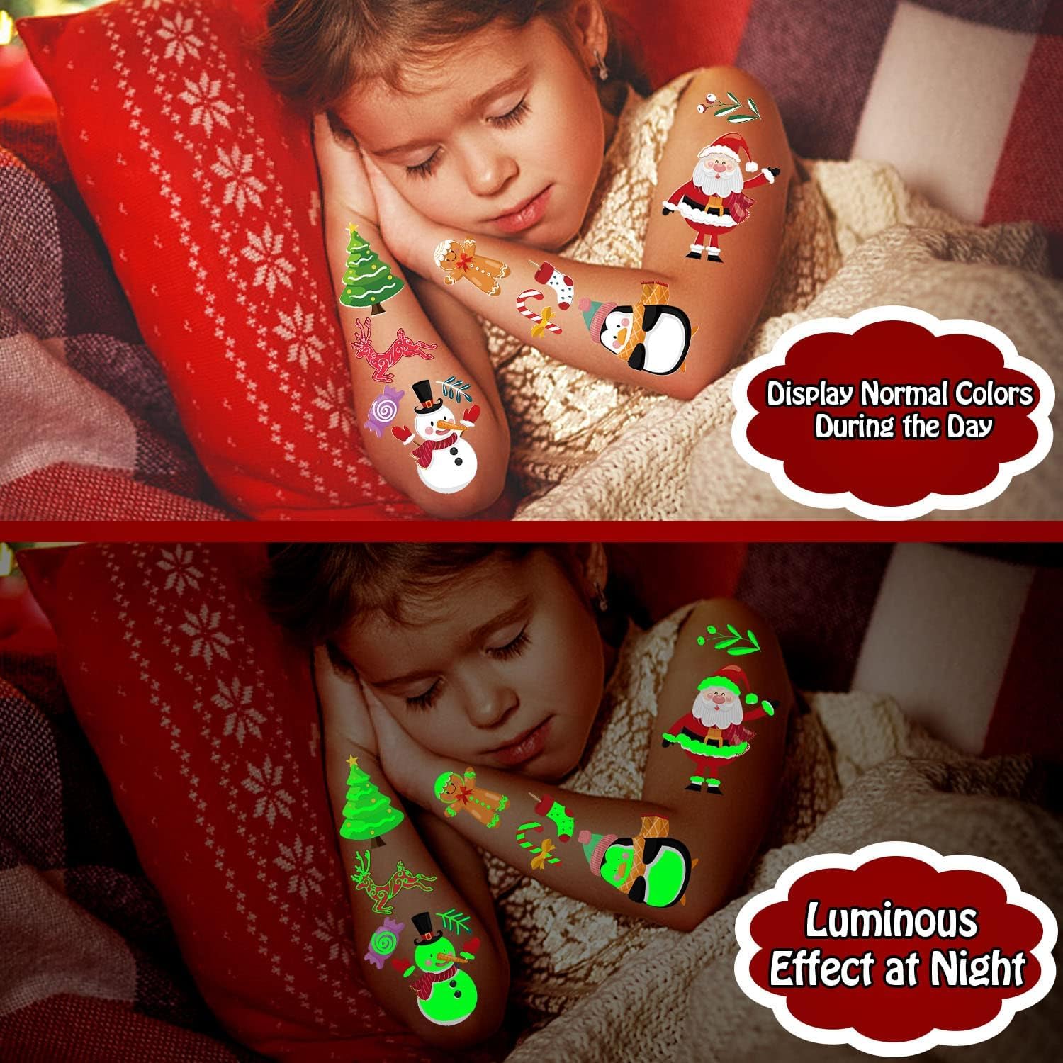 TIESOME Tatuaggi temporanei luminosi natalizi per bambini, 10 fogli Adesivi per tatuaggi fosforescenti Imbottiture per calze Bomboniere per feste di Natale Riempitivi per calze di Natale (A