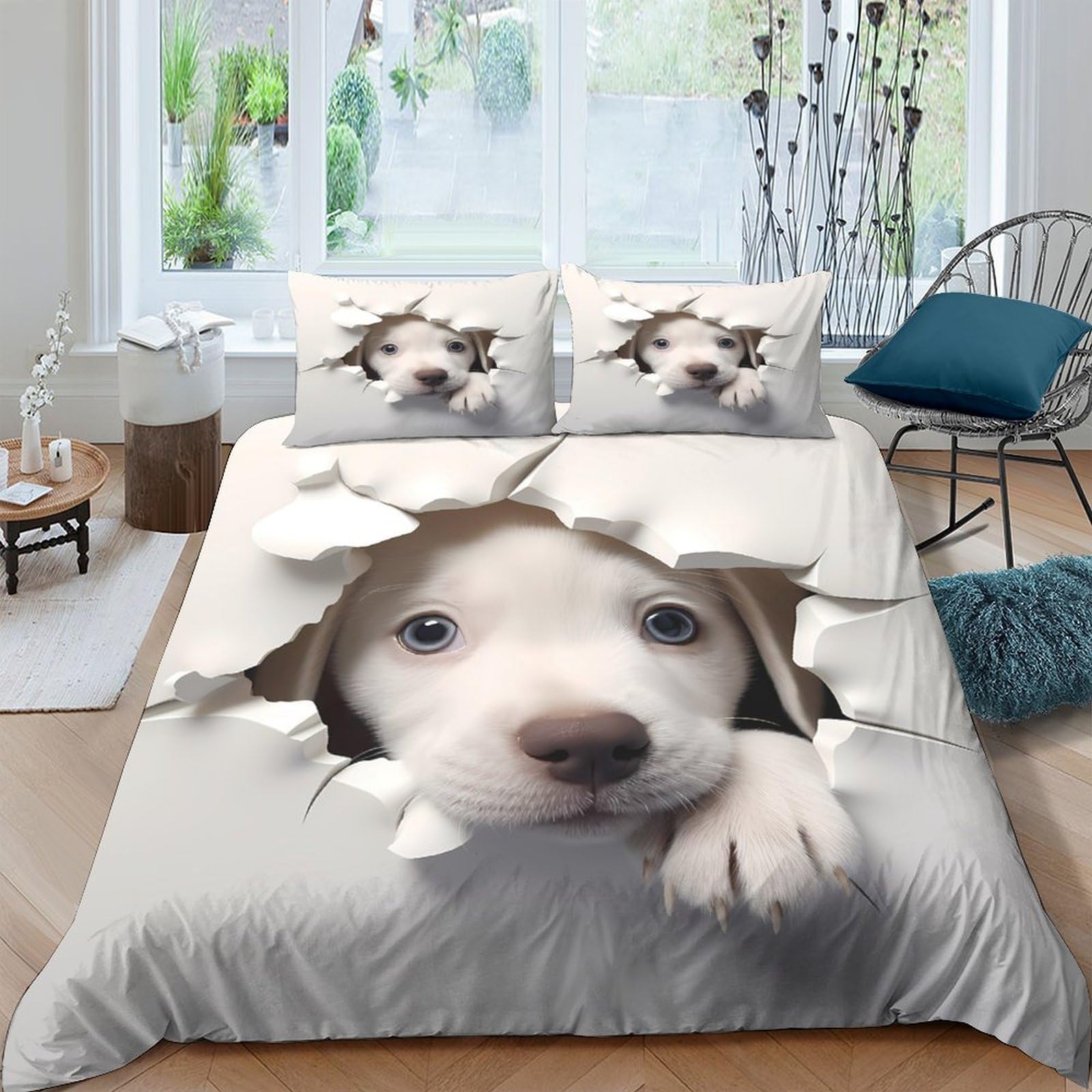 P5V6M1Q9 3D Printed Puppy Dog Duvet Cover Microfiber Soft Breathable Broken Wall Quilt Cover Set with 2 Pillowcases for Bedroom Decor Single（135x200cm）