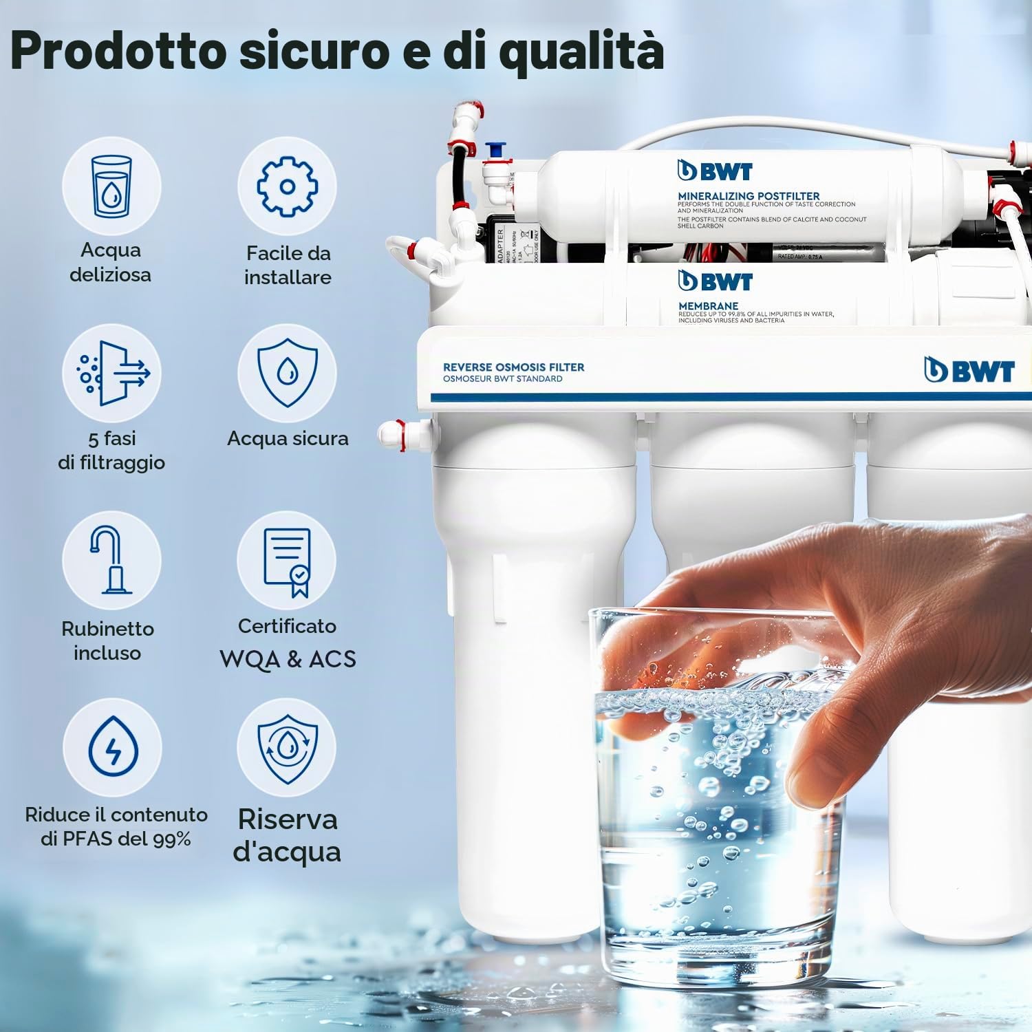 Sistema ad osmosi inversa domestico BWT MO575MPBWT – Con pompa per una pressione di ingresso di 2-5 bar – 5 stadi con REMINERALIZZATORE – 75 GPD, portata di 11,8 l/h, serbatoio da 12 L