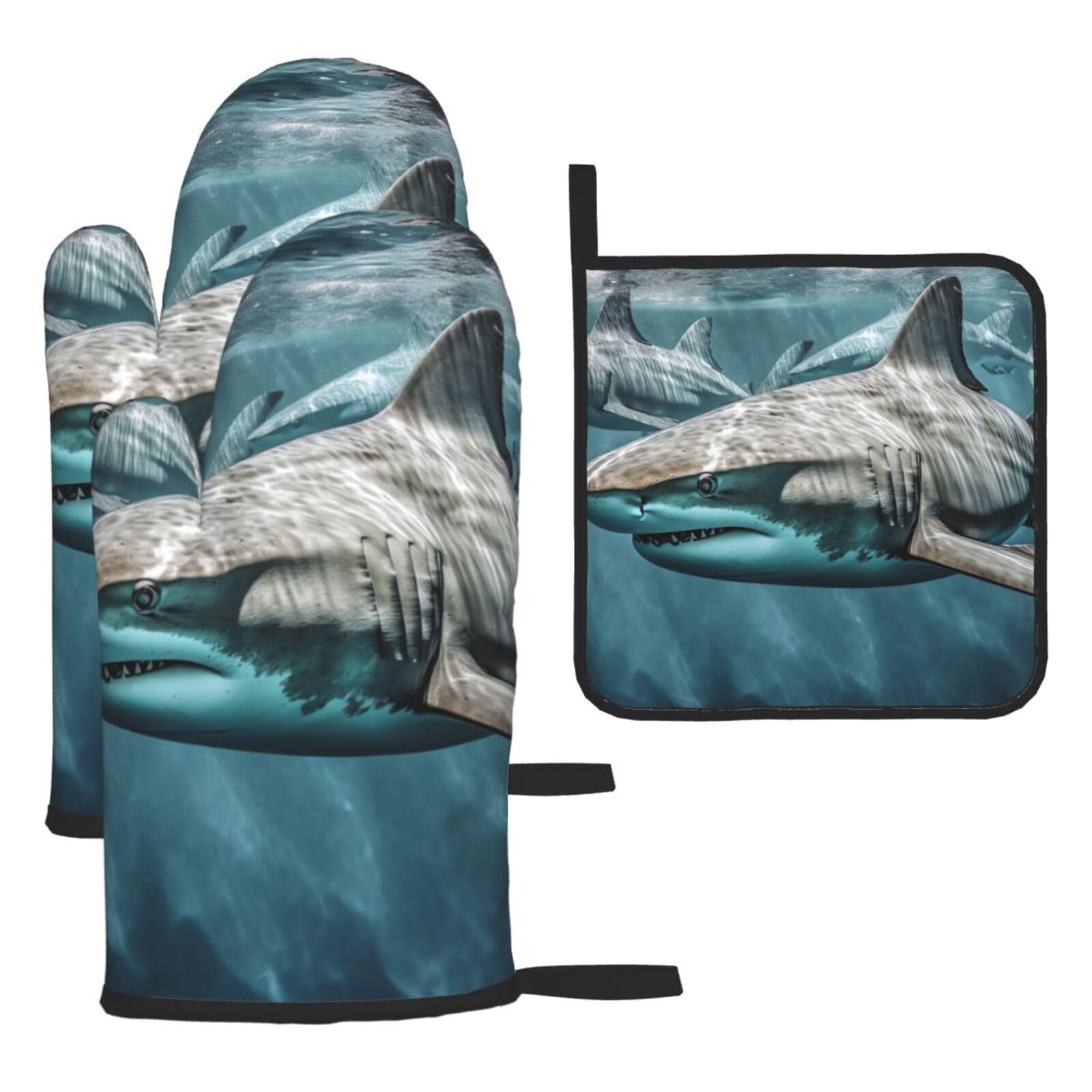 Oven Mitts and Pot Holders Sets of 3 Several Sharks in the Ocean Oven Mitts 3 Pcs Heat Resistant Non Slip Ovens Gloves Hot Pads Kitchen Gloves Potholders for Baking Cooking BBQ Grilling