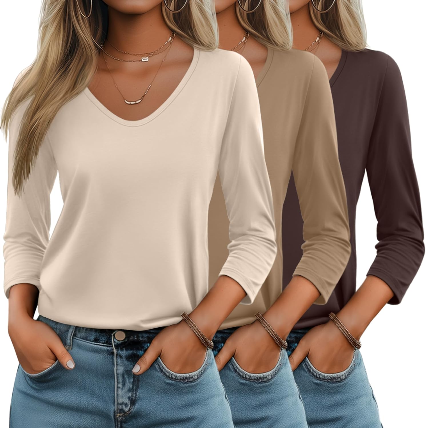Huukeay 3 Pack Women's 3/4 Sleeve T-Shirts, V Neck Casual Tops Loose Fit Tunic Basic Tees 3/4 Length Sleeve Soft Blouses