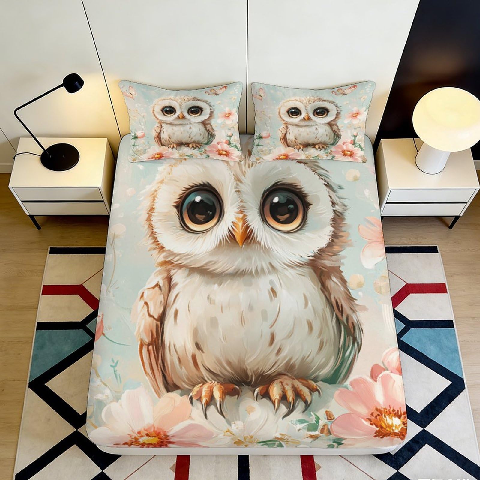 3D Printed Cute Owl Fitted Sheet Microfiber Floral Cartoon Mattress Cover Anti-Slip Easy Care Bedroom Dorm Decor 200x200x25cm