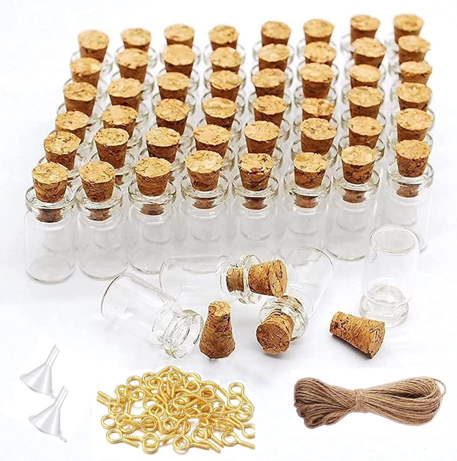 Sxminer - 120 botellas pequeñas de vidrio de 0.0 fl oz con tapones de corcho, pequeños frascos de vidrio de corcho con 65.6 ft, cordeles, tornillos de ojo, embudo pequeño para decoración,