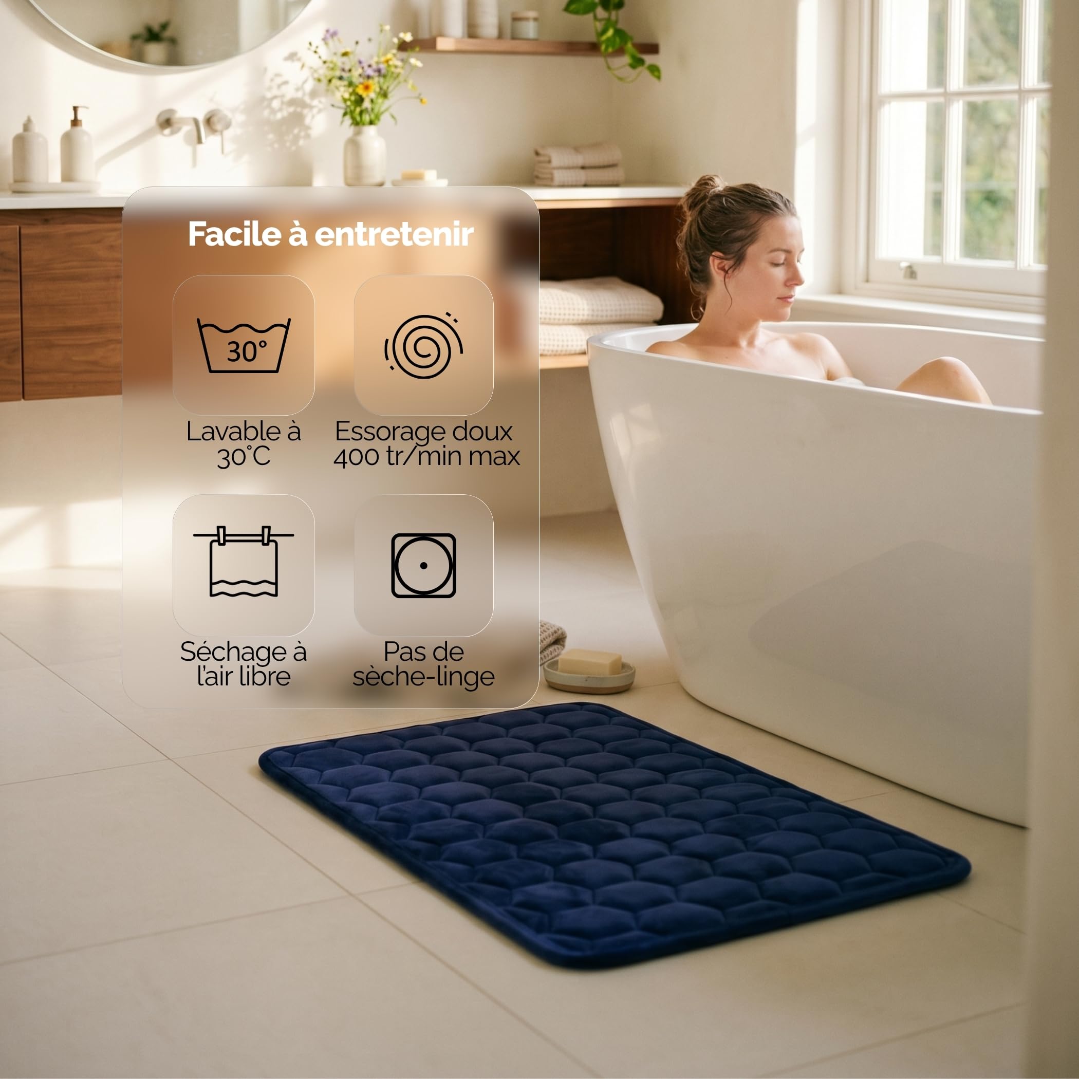 ALBERE Tapis de Bain Haut de Gamme en Mousse à Mémoire de Forme 2 cm, Antidérapant SBR, Ultra Absorbant, Doux et Moelleux, Séchage Rapide, 50x80 cm, Bleu Marin
