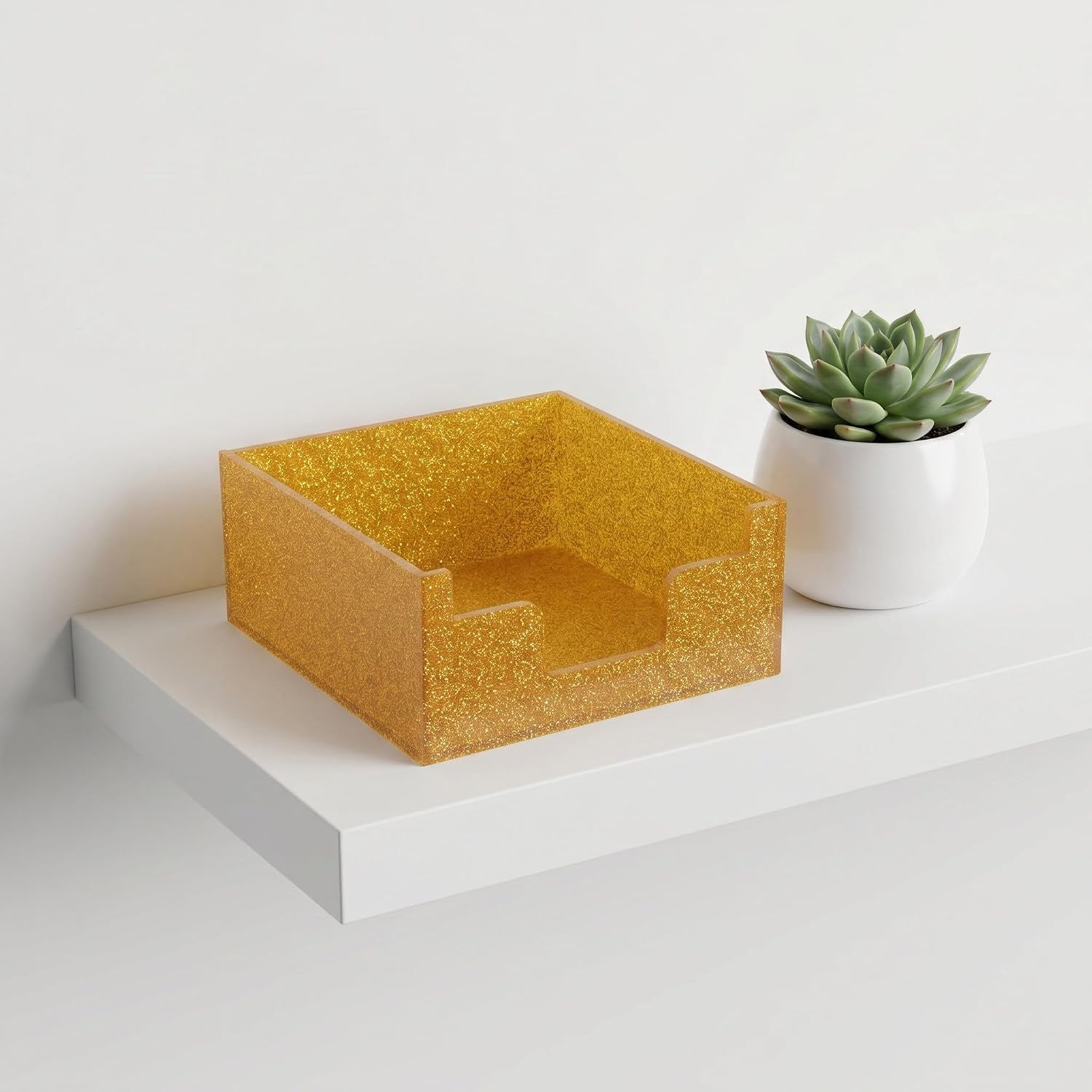Ciieeo Glitter Acrylic Notepad Holder for Desk, Shatter-resistant Memo Storage Box with Easy Access, Modern Golden Note Pad Organizer for Office, Restaurant, and Living Room Use