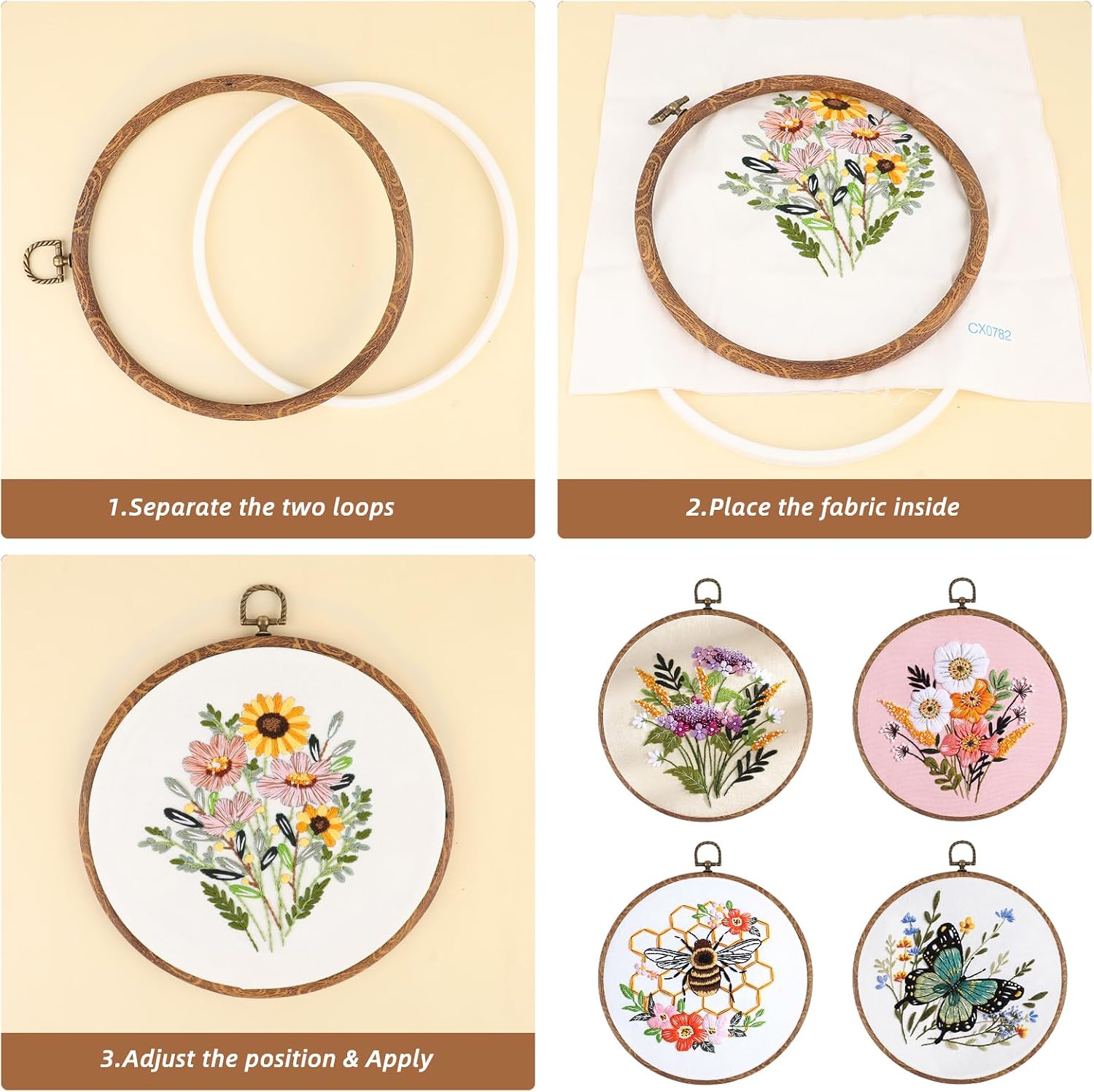 5 Pcs 8 Inch Embroidery Hoops,Imitated Wood Display Frames for Cross Stitch,Art Craft Sewing DIY Projects,Round Circle Hoop Rings for Ornaments