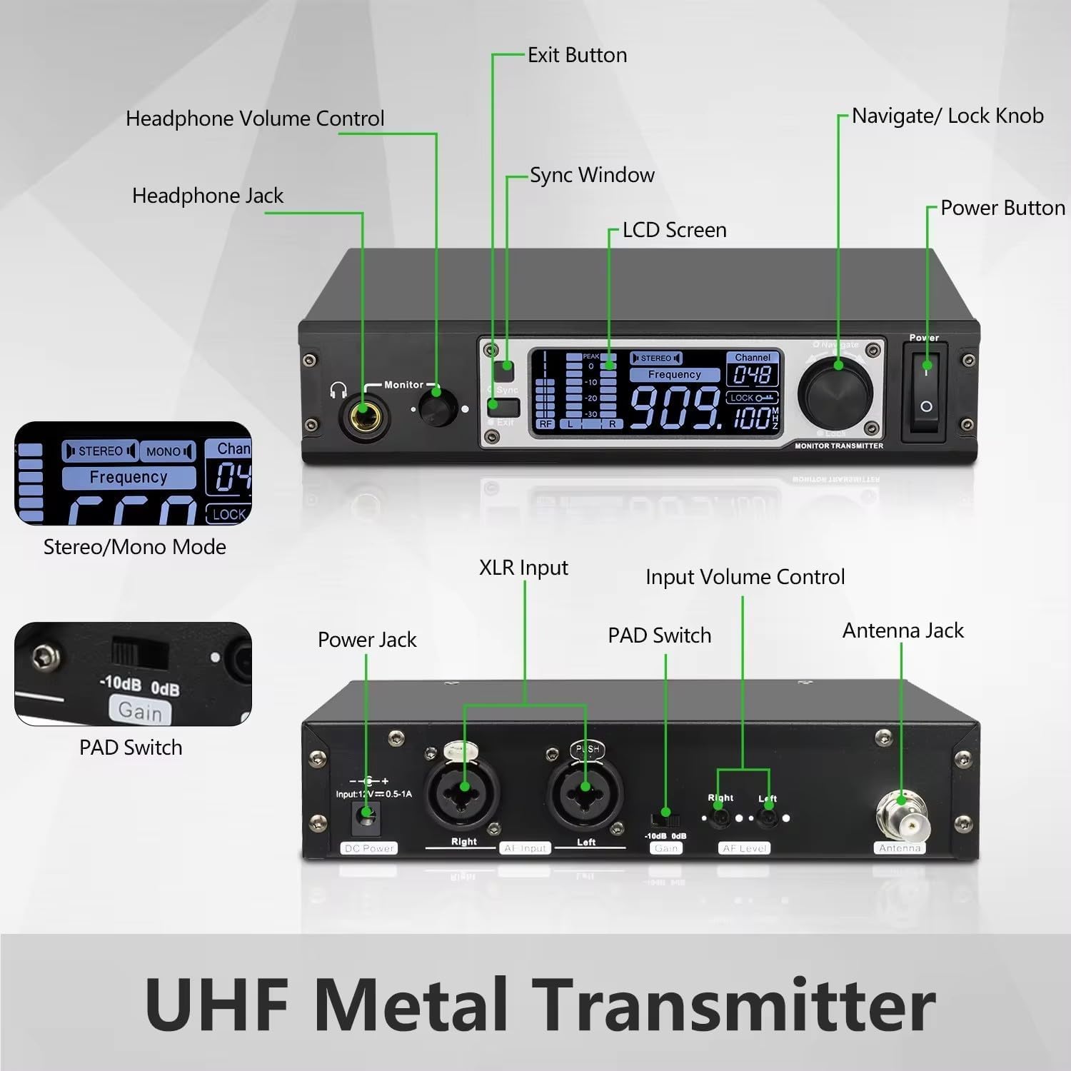 happymusic HM-10 Wireless Stereo/Mono in-Ear Monitor System,Rackmount,900MHz,164Ft,Professional Wireless Stage Return for Private Stage Performances