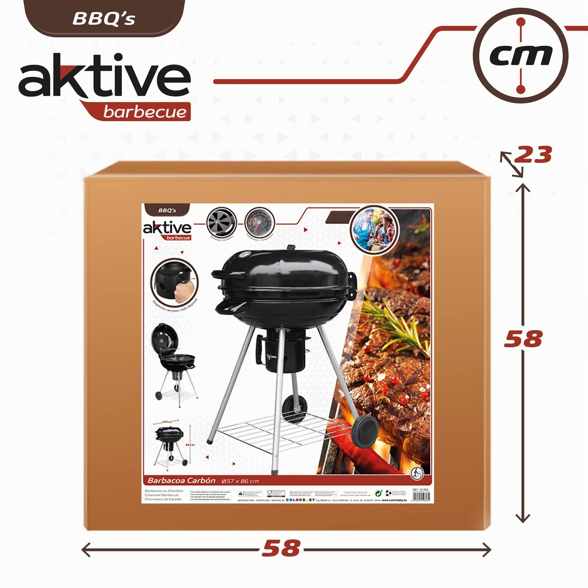 AKTIVE Barbecue a carbonella portatile con coperchio, Ø57x86cm, Rotondo, Metallo, Sistema di ventilazione, Cassetto per la cenere, Controllo della temperatura, 2 ruote, Trasporto facile