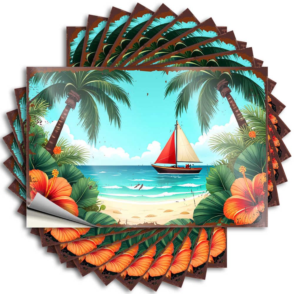 Tattoo Best Easy Apply | Beach Paradise: Tropical Scene with Sailboat and Palm Trees Bookish Window Peel and Stick(12X18CM)