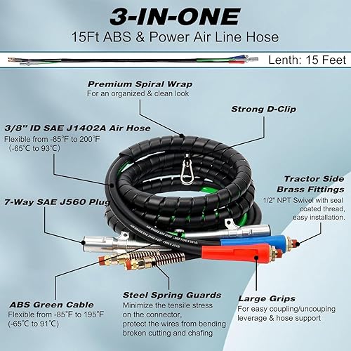 Miniatura 3 de KOOTANS Cable eléctrico ABS 3 en 1 de 15 pies y manguera de goma de 7 vías con servicio de aluminio de emergencia y asas de extensión para