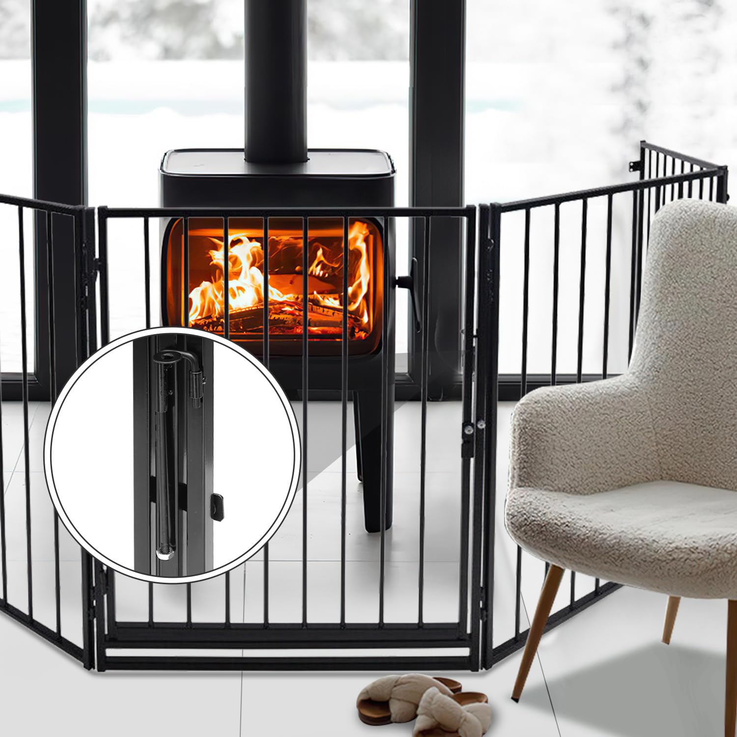 Rejilla protectora plegable para mascotas, juego de 5 piezas con puerta, rejilla protectora para chimenea con puerta de 304 cm, color negro, fijación a la pared, cada elemento 60 x 76 cm