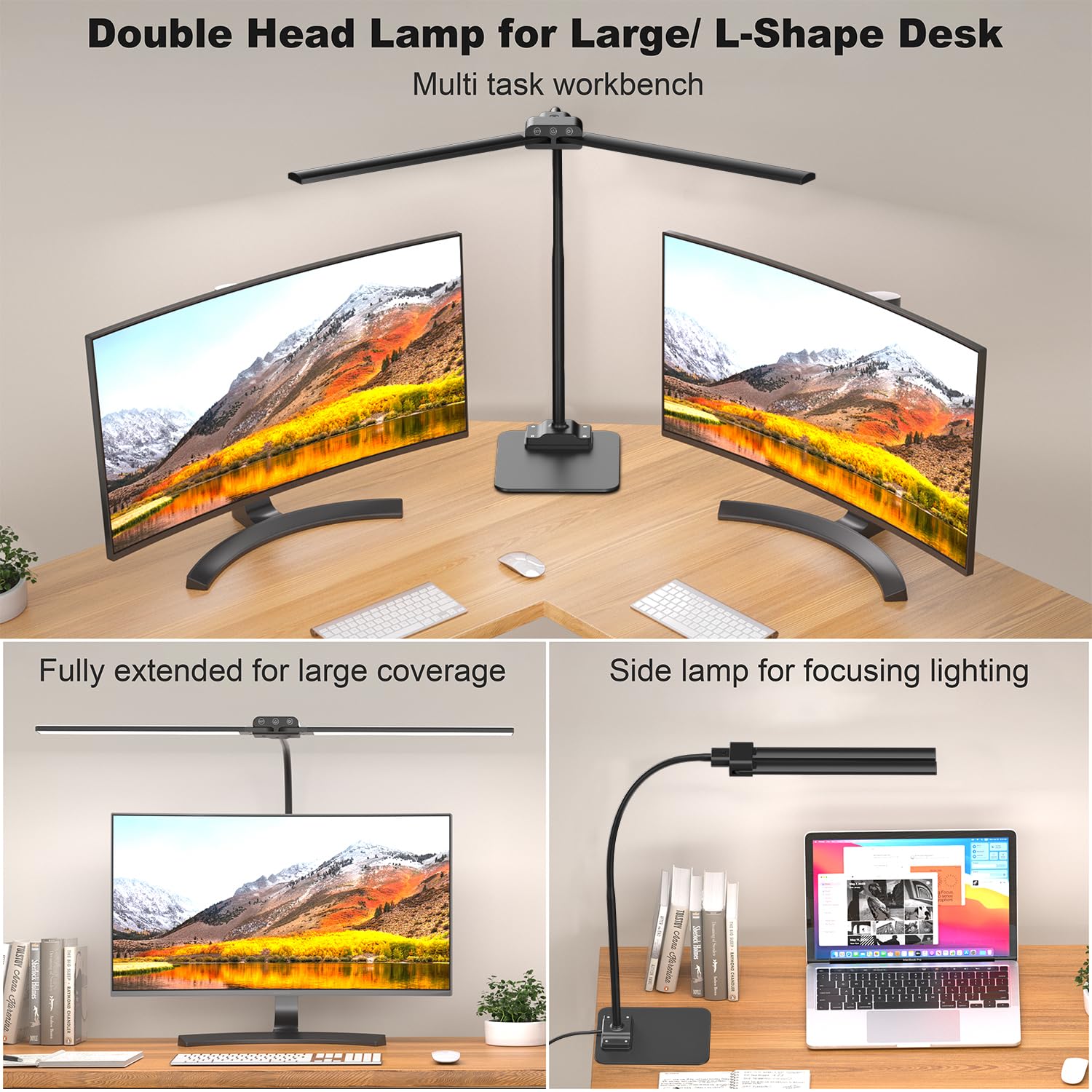 EppieBasic Lampada da Scrivania LED Doppia Testa con Base per Ufficio | Lampada da tavolo regolabile con luce dimmerabile, protezione occhi per monitor PC, illuminazione per studio e casa Nero